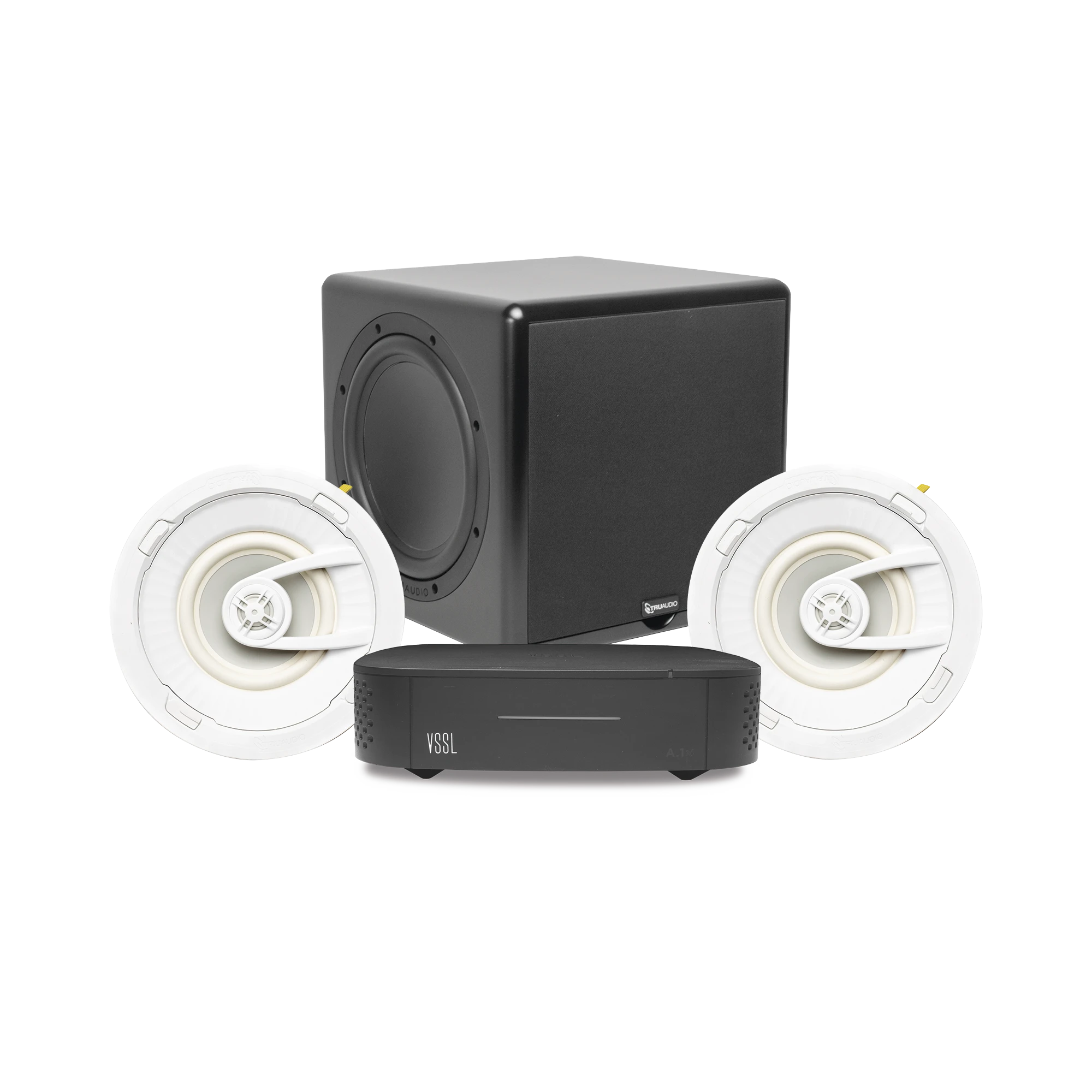 KIT AMPLIFICADOR VSSL A1X | 2 BOCINAS DE TECHO TRUAUDIO G72 | SUBWOOFER CSUB12-Audio, Video y Voceo-VSSL-Bsai Seguridad & Controles