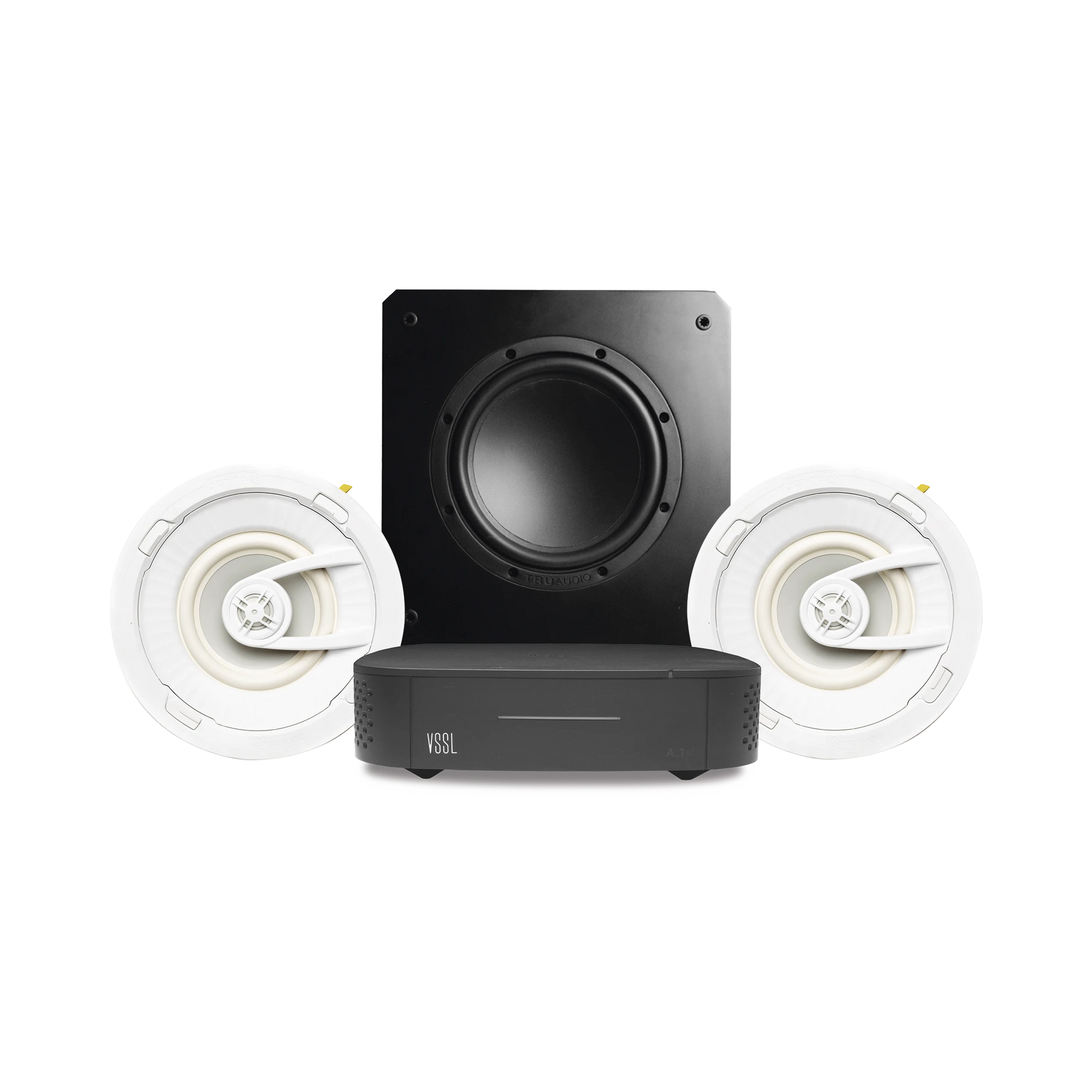 KIT AMPLIFICADOR VSSL A1X | 2 BOCINAS DE TECHO TRUAUDIO G72 | SUBWOOFER SS10-Audio, Video y Voceo-VSSL-Bsai Seguridad & Controles