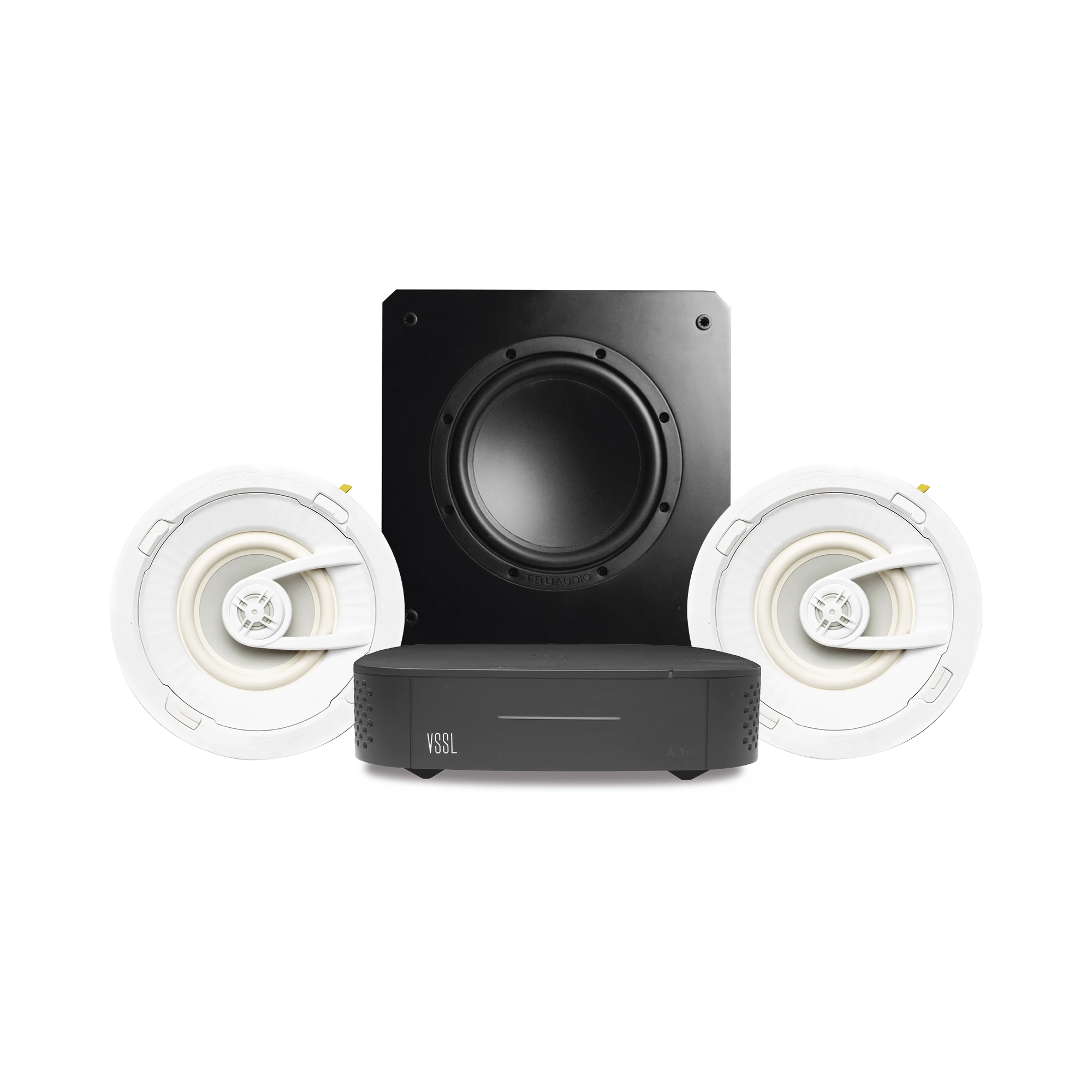 KIT AMPLIFICADOR VSSL A1X | 2 BOCINAS DE TECHO TRUAUDIO G72 | SUBWOOFER SS10-Audio, Video y Voceo-VSSL-Bsai Seguridad & Controles