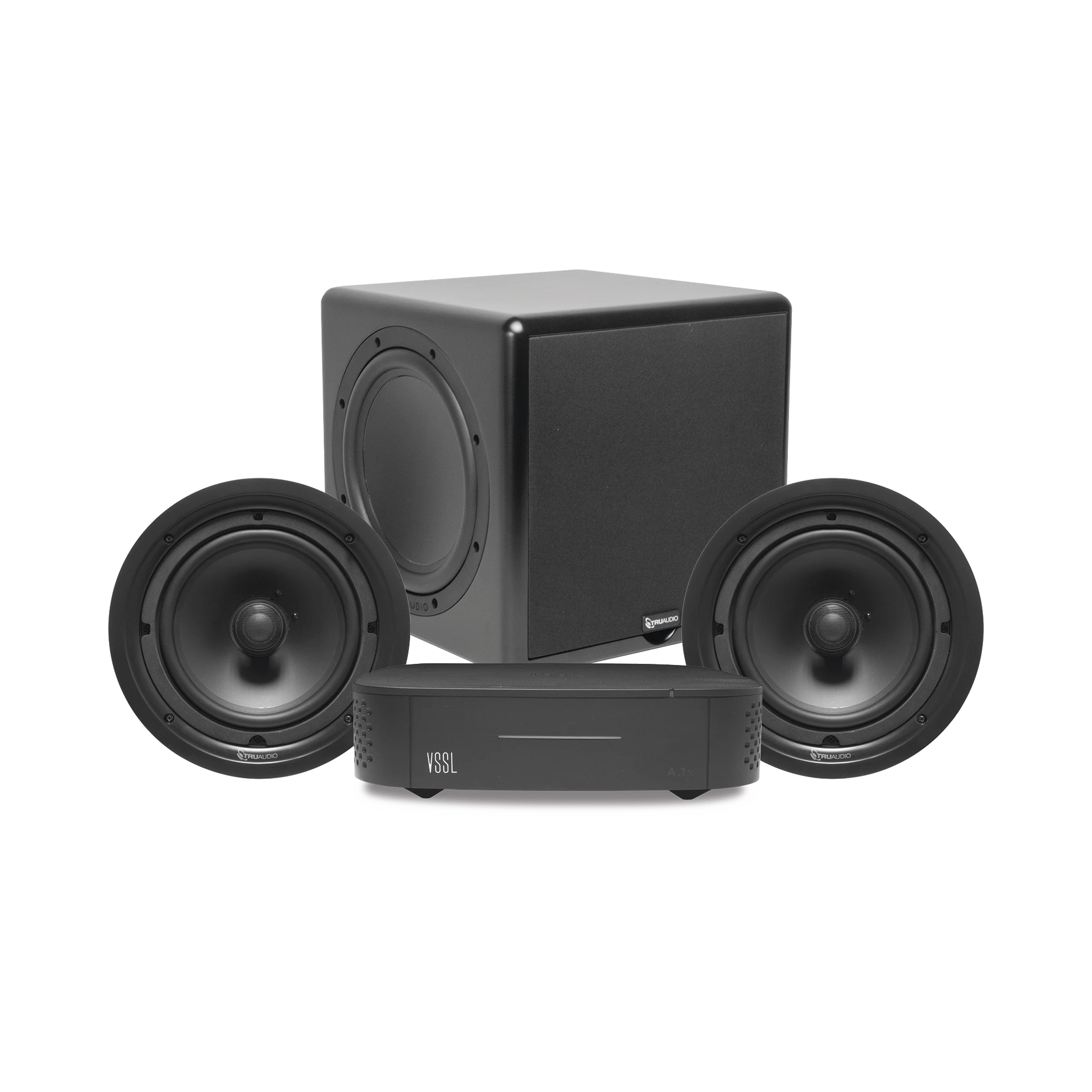 KIT AMPLIFICADOR VSSL A1X | 2 BOCINAS DE TECHO TRUAUDIO PP8 | SUBWOOFER CSUB12-Audio, Video y Voceo-VSSL-Bsai Seguridad & Controles