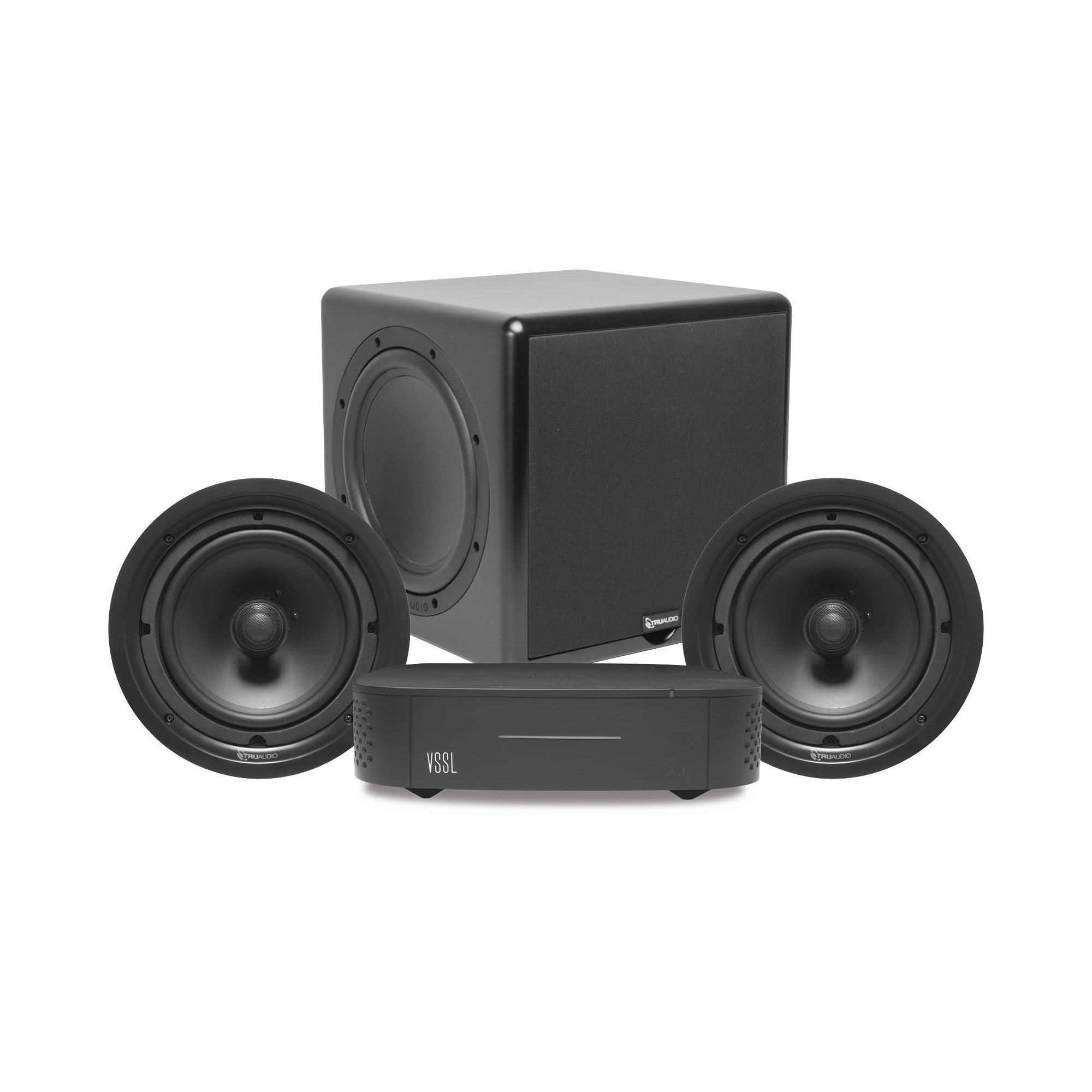 KIT AMPLIFICADOR VSSL A1X | 2 BOCINAS DE TECHO TRUAUDIO PP8 | SUBWOOFER CSUB12-Audio, Video y Voceo-VSSL-Bsai Seguridad & Controles
