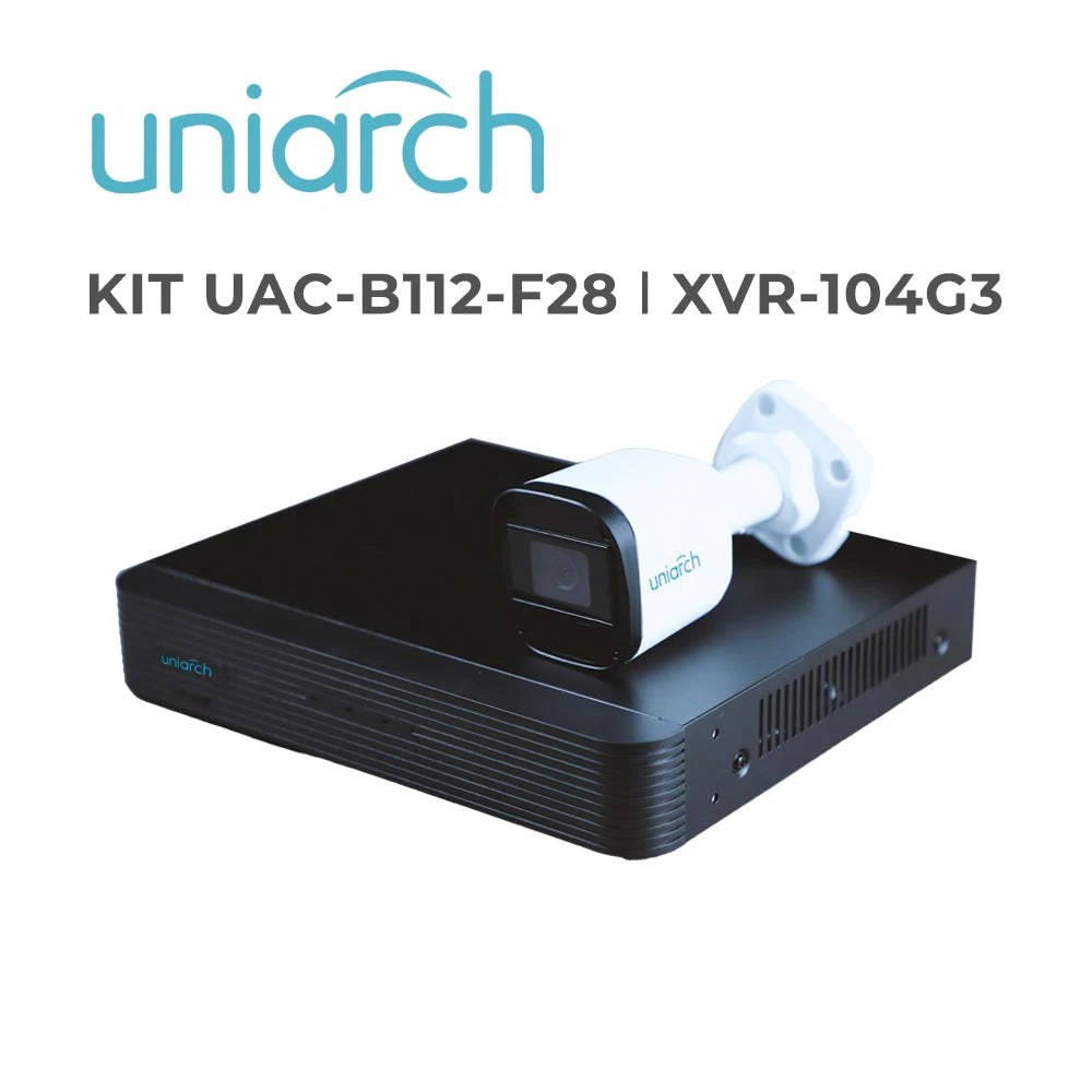 KIT ANALÓGICO UNIARCH / KIT-UAC-B112-F28 / 4 CÁMARAS BULLET ANALÓGICAS UAC-B112-F28 / 2MP / LENTE FIJO 2.8 MM/ IP 67/ IR 20M / INTERIOR / EXTERIOR / 1 DVR PENTAHIBRIDO UNV XVR-104G3 / 4 CABLES DE VIDEO HD Y UN PULPO DE 5 SALIDAS-Kits de Videovigilancia-UNIARCH BY UNV-KIT-UAC-B112-F28 | XVR-104G3-Bsai Seguridad & Controles
