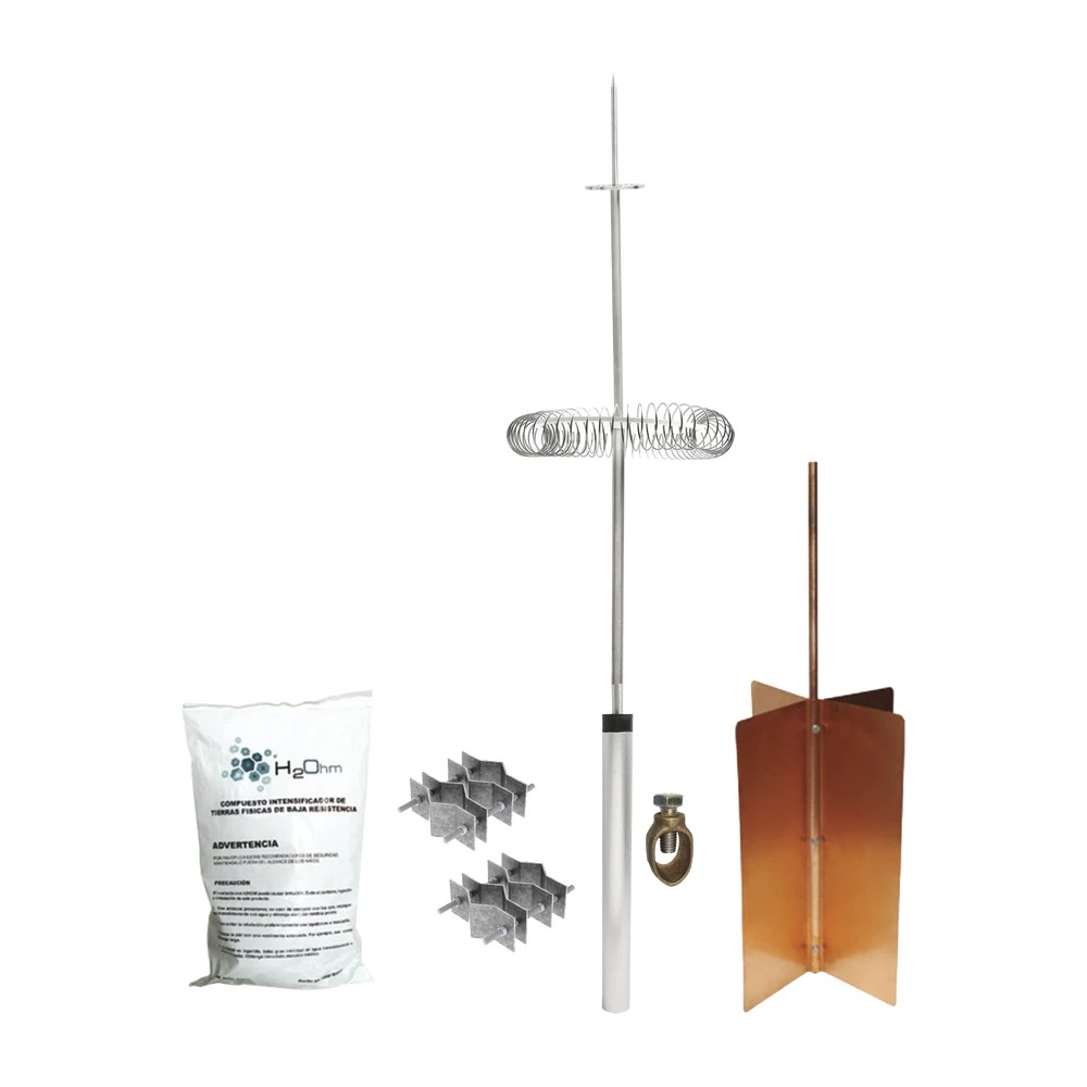 KIT BÁSICO DE PARARRAYO CON PUNTA DIPOLO Y ELECTRODO TIPO REHILETE. INSTALACIÓN EN POSTE O TORRE-Tierra Física y Pararrayos-TOTAL GROUND-Bsai Seguridad & Controles