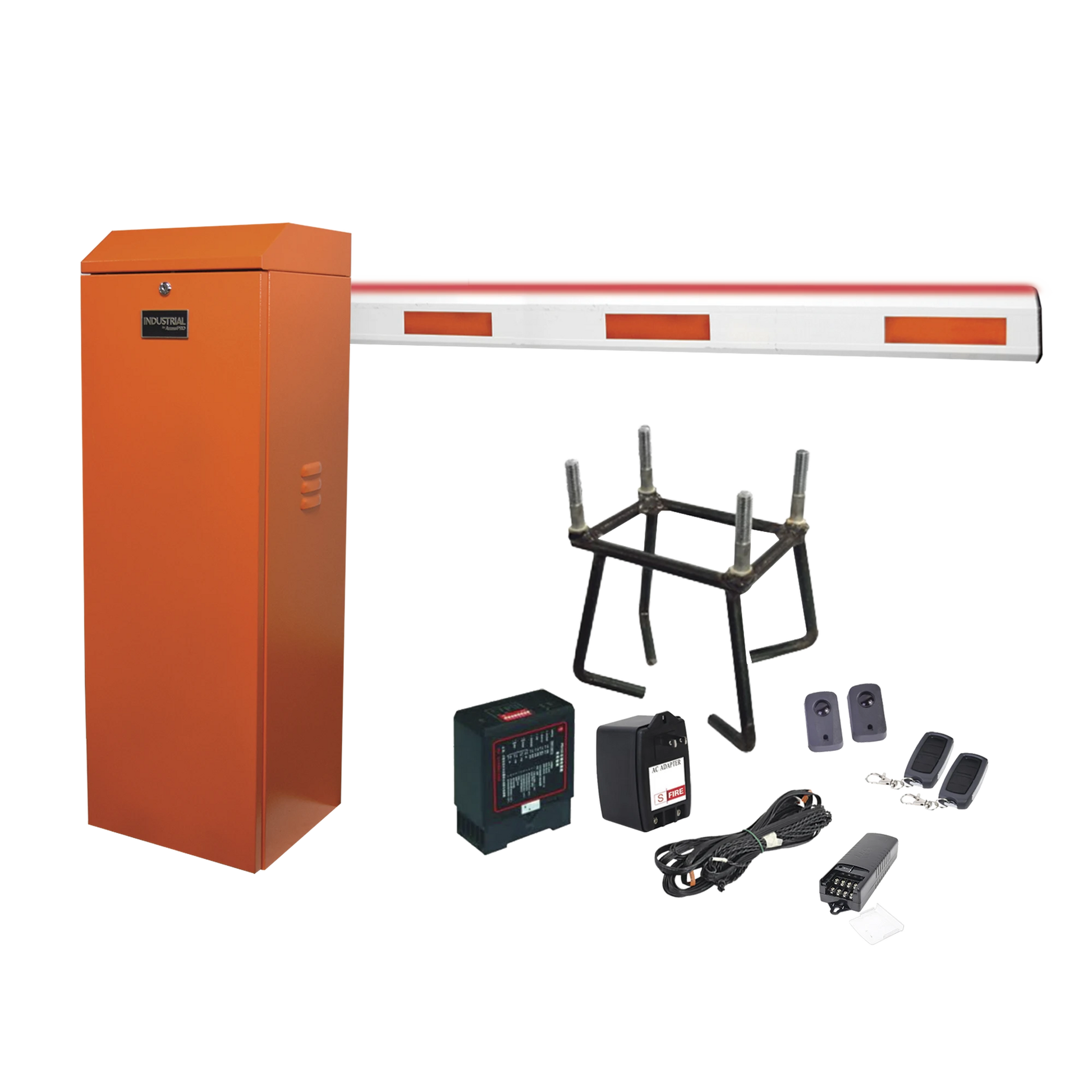 KIT COMPLETO BARRERA DERECHA XB NARANJA / BRAZO DE 3 M CON ILUMINACIÓN LED ROJO-VERDE / INCLUYE: SENSOR DE MASA, TRANSFORMADOR, LAZO, ANCLA, FOTOCELDAS Y 2 CONTROLES INALÁMBRICOS-Acceso Vehicular-ACCESSPRO-Bsai Seguridad & Controles