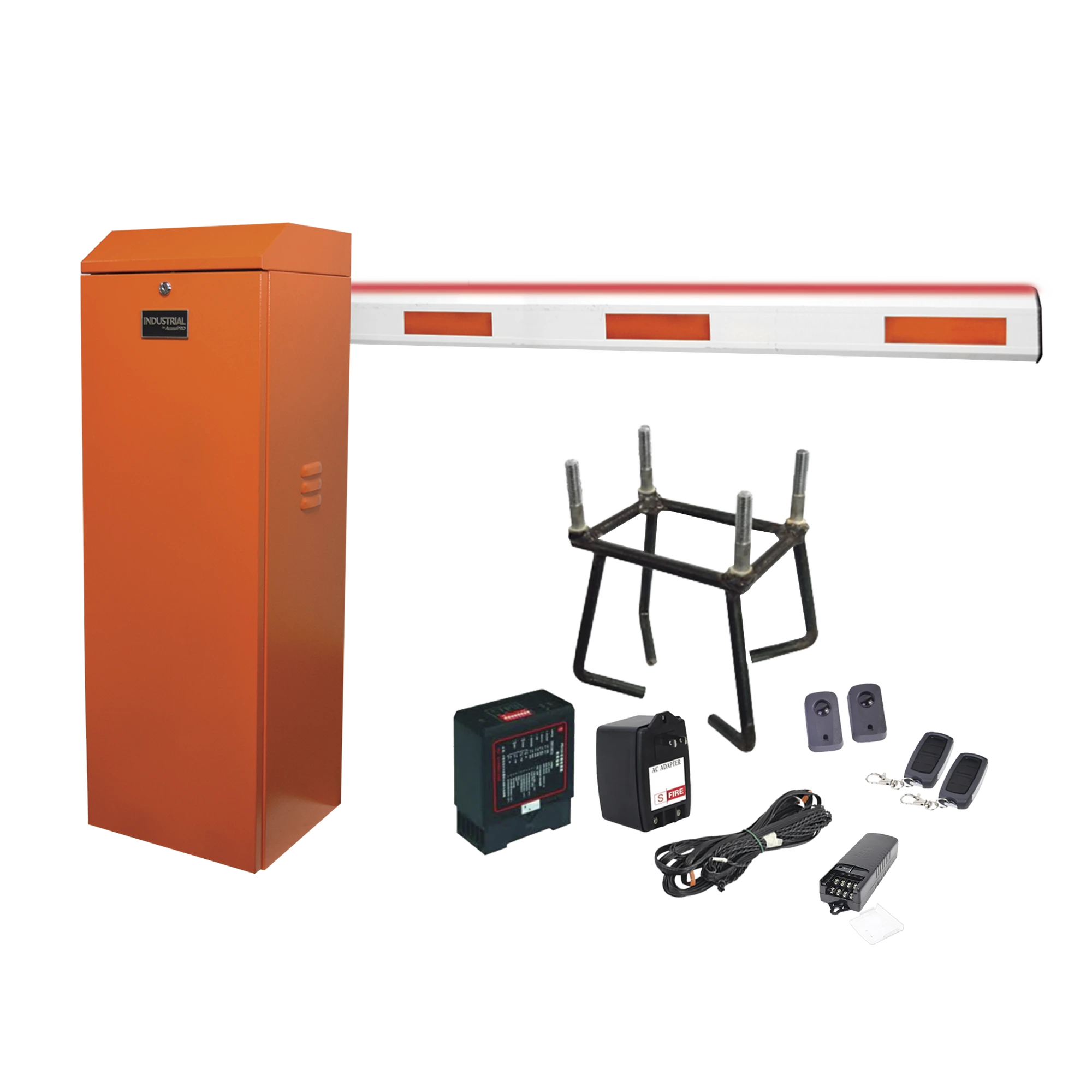 KIT COMPLETO BARRERA DERECHA XB NARANJA / BRAZO DE 3 M CON ILUMINACIÓN LED ROJO-VERDE / INCLUYE: SENSOR DE MASA, TRANSFORMADOR, LAZO, ANCLA, FOTOCELDAS Y 2 CONTROLES INALÁMBRICOS-Acceso Vehicular-ACCESSPRO-Bsai Seguridad & Controles