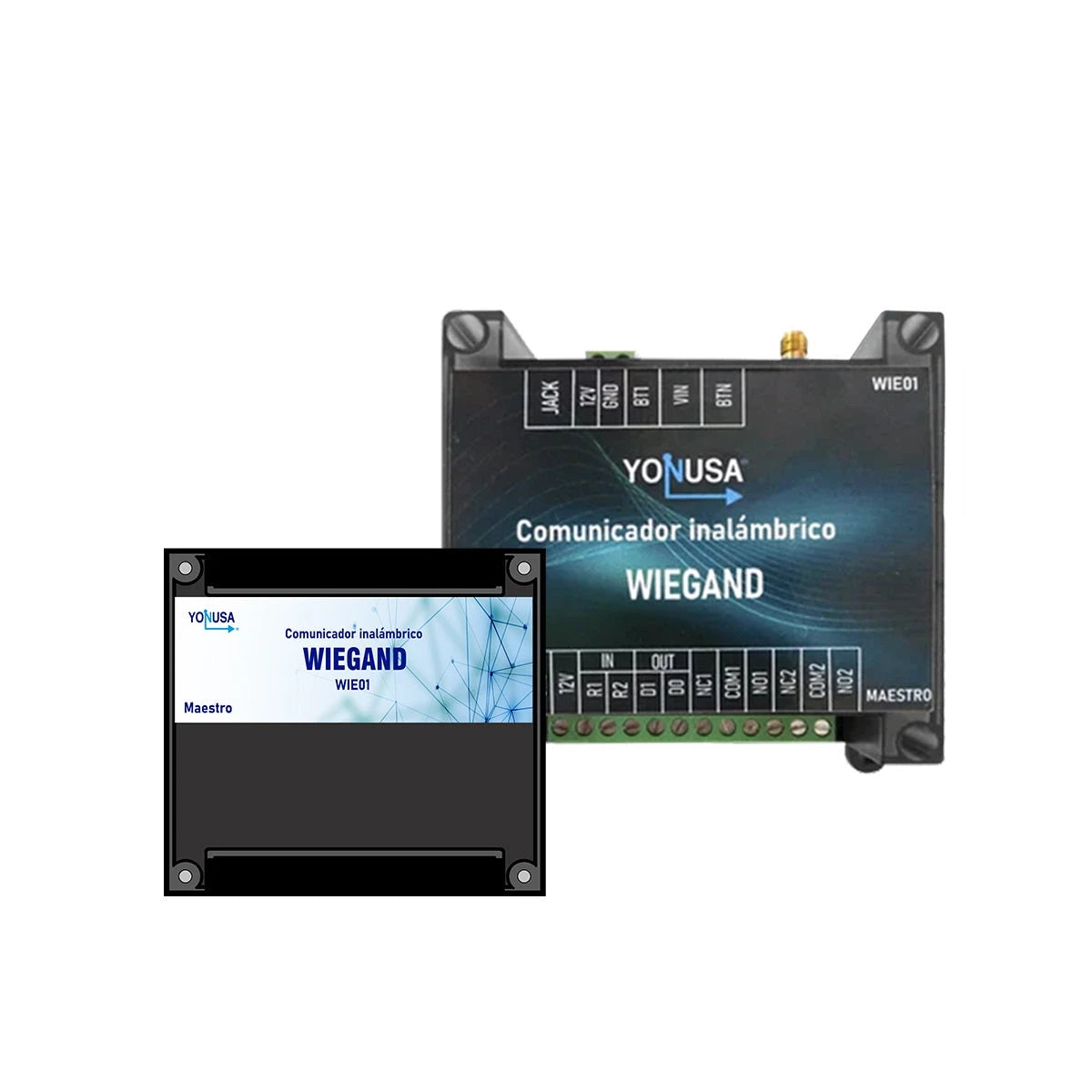 KIT COMUNICADOR INALÁMBRICO WIEGAND WIE01 YONUSA CON EMISOR Y RECEPTOR. CON PROTOCOLO DE COMUNICACIÓN PARA UTILIZARSE EN SISTEMAS DE CONTROL DE ACCESO (CONTROL POR TARJETA, ACCESO BIOMÉTRICO Y ACCESO POR TECLADO). COMPATIBLE CON SISTEMAS 8,26 Y 34 BITS...-Cercas electrificadas-YONUSA-Bsai Seguridad & Controles