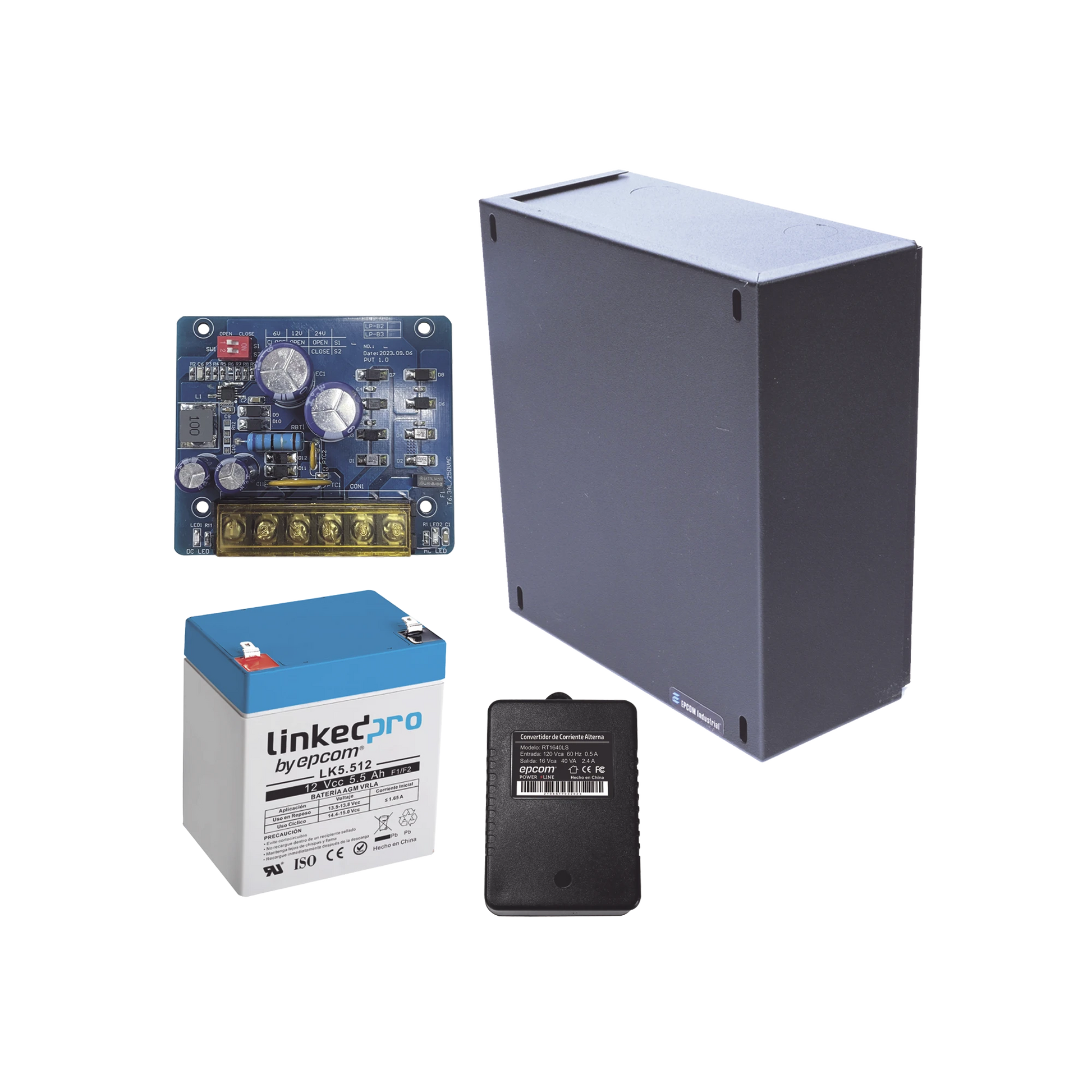 KIT CON FUENTE PLB2 CON SALIDA DE 12 VCC A 2.5 AMPER, INCLUYE TRANSFORMADOR Y BATERÍA DE 12 V A 5.5 AMPER-EPCOM POWERLINE-KIT16B2LK5-Bsai Seguridad & Controles