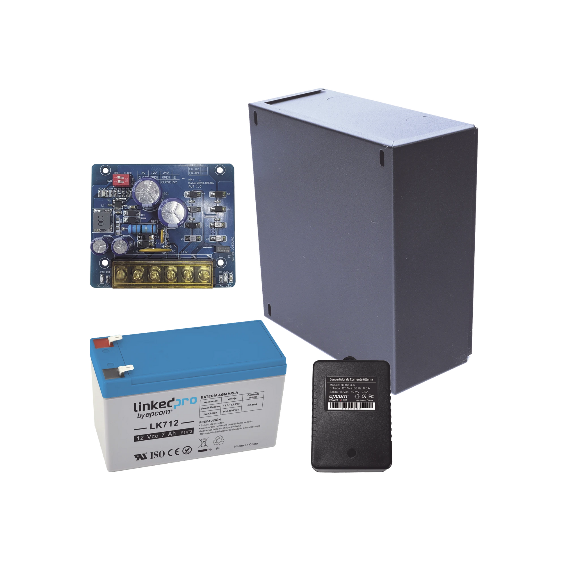 KIT CON FUENTE PLB2 CON SALIDA DE 12 VCC A 2.5 AMPER, INCLUYE TRANSFORMADOR Y BATERÍA DE 12 V A 7 AMPER-EPCOM POWERLINE-KIT16B2LK7-Bsai Seguridad & Controles