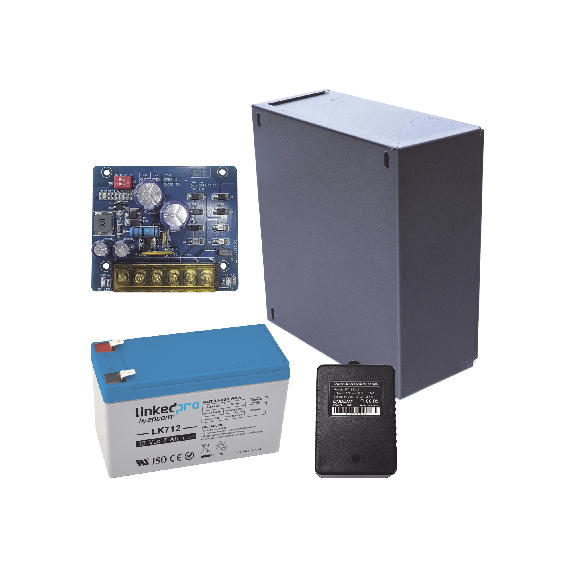 KIT CON FUENTE PLB2 CON SALIDA DE 12 VCC A 2.5 AMPER, INCLUYE TRANSFORMADOR Y BATERÍA DE 12 V A 7 AMPER-EPCOM POWERLINE-KIT16B2LK7-Bsai Seguridad & Controles