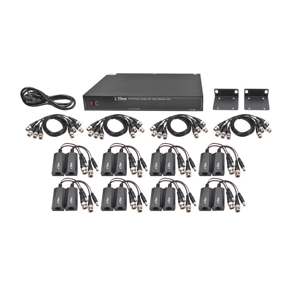 KIT DE 16 CANALES PARA TRANSMISIÓN DE ALIMENTACION ( DE 36 VCD A 12 VCD) Y VIDEO (HD-TVI) A DISTANCIAS DE HASTA 250 M-Accesorios Videovigilancia-EPCOM TITANIUM-Bsai Seguridad & Controles