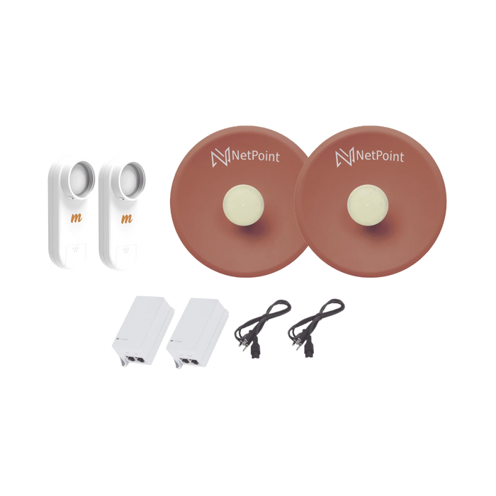 KIT DE 2 RADIOS C5X CON ANTENAS NPPROS2PACK (27 DBI), RANGO DE FRECUENCIA EXTENDIDA (4.9 A 6.4 GHZ), INCLUYE INYECTOR POE Y CABLE DE ALIMENTACIÓN-Enlaces PtP y PtMP-NetPoint-Bsai Seguridad & Controles