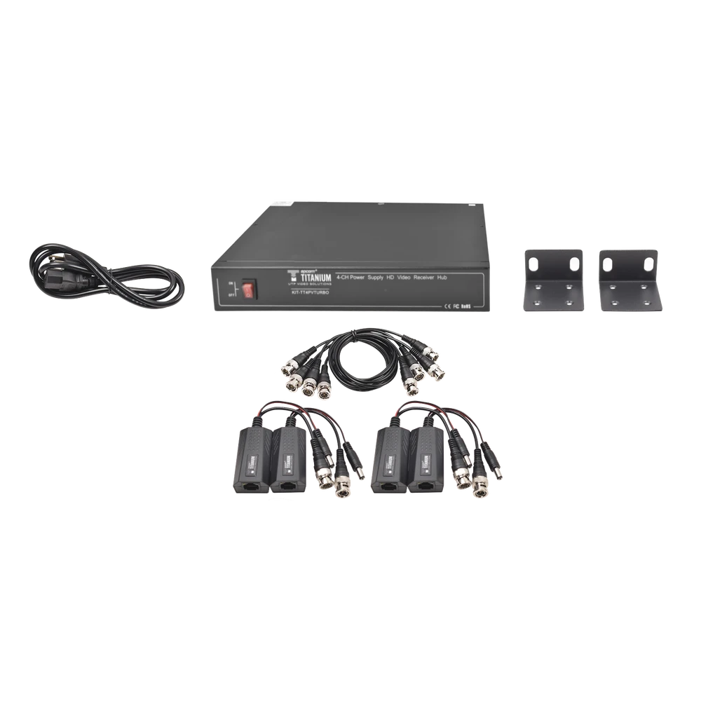 KIT DE 4 CANALES DE PARA TRANSMISIÓN DE ALIMENTACION ( DE 36 VCD A 12VCD ) Y VIDEO (HD-TVI) A DISTANCIAS DE HASTA 250 MTS-Accesorios Videovigilancia-EPCOM TITANIUM-Bsai Seguridad & Controles