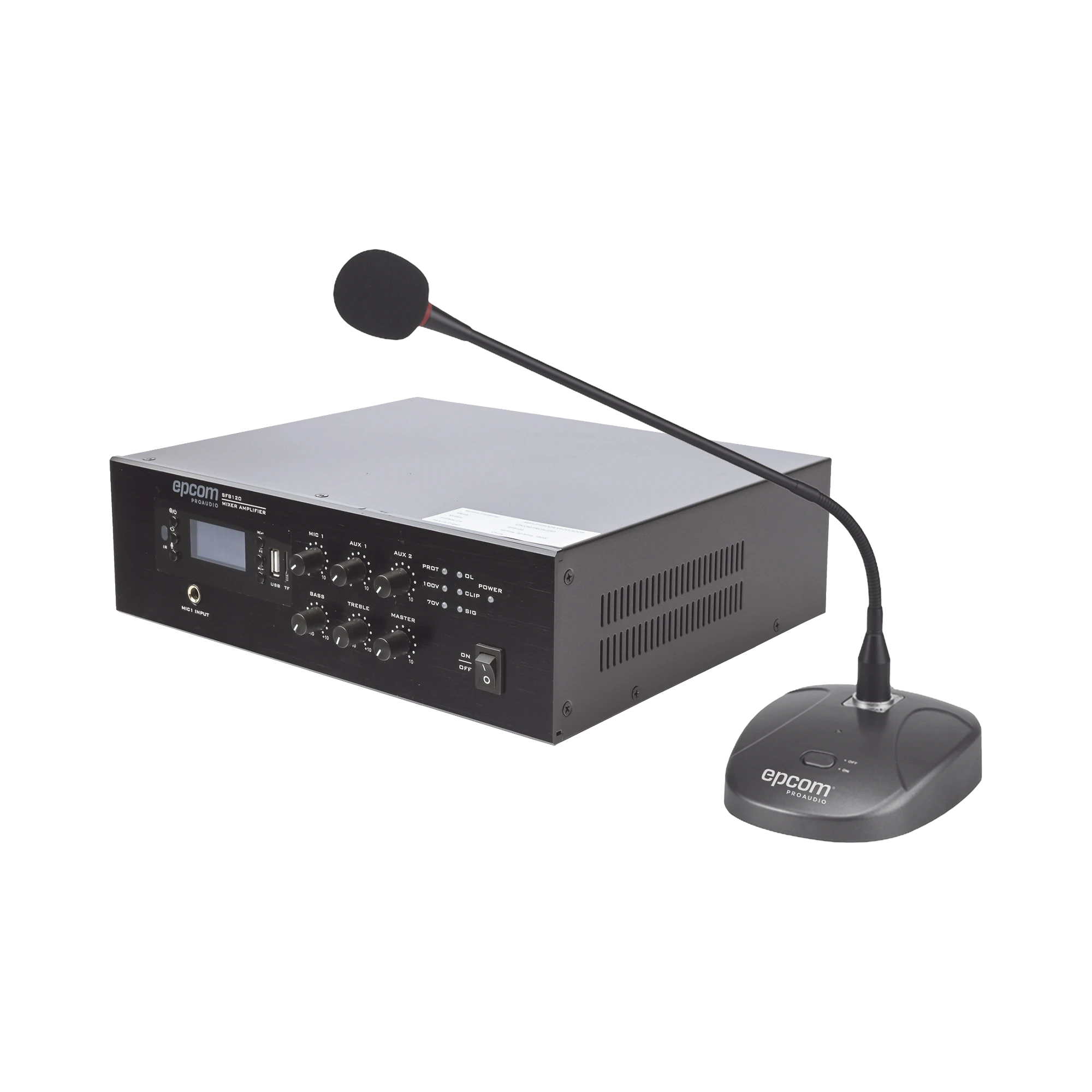 KIT DE AMPLIFICADOR DE 120W MODELO SFB120 | MÁS MICRÓFONO DE ESCRITORIO MODELO SF621A-Audio, Video y Voceo-EPCOM PROAUDIO-Bsai Seguridad & Controles