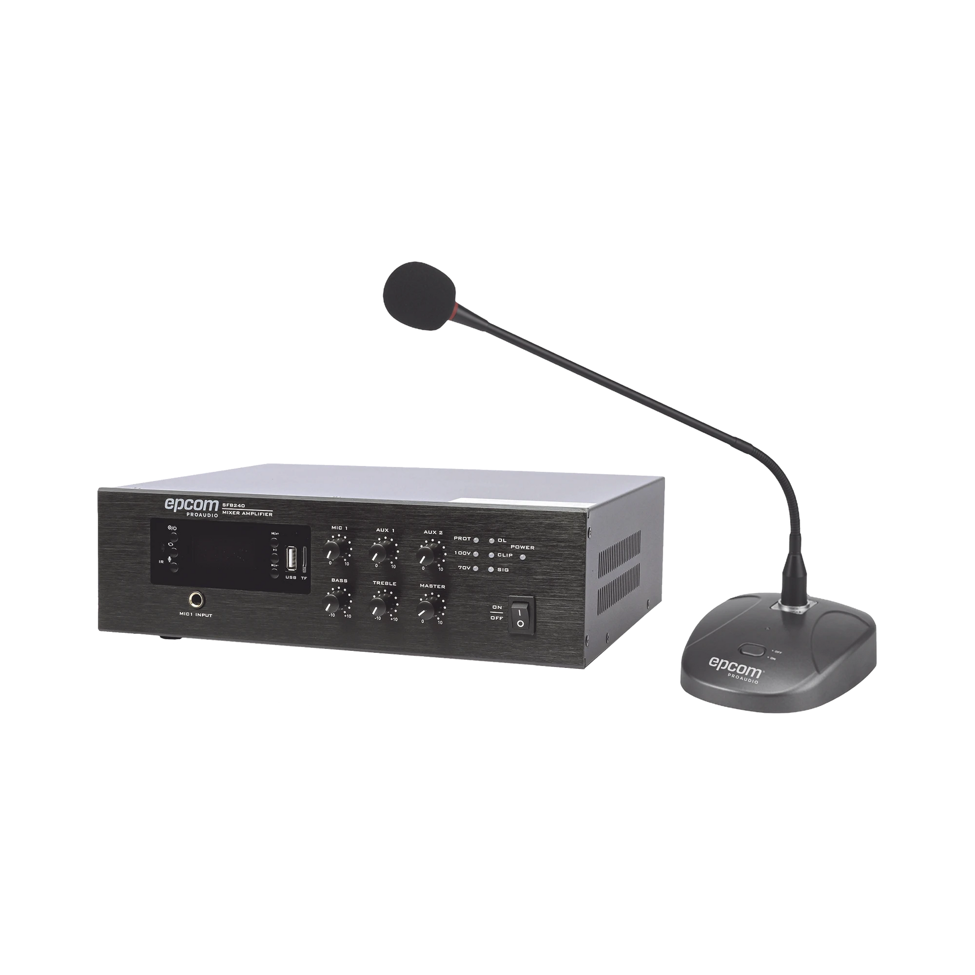 KIT DE AMPLIFICADOR DE AUDIO DE 240W MODELO SFB240 | MÁS MICRÓFONO DE ESCRITORIO MODELO SF621A-Audio, Video y Voceo-EPCOM PROAUDIO-Bsai Seguridad & Controles