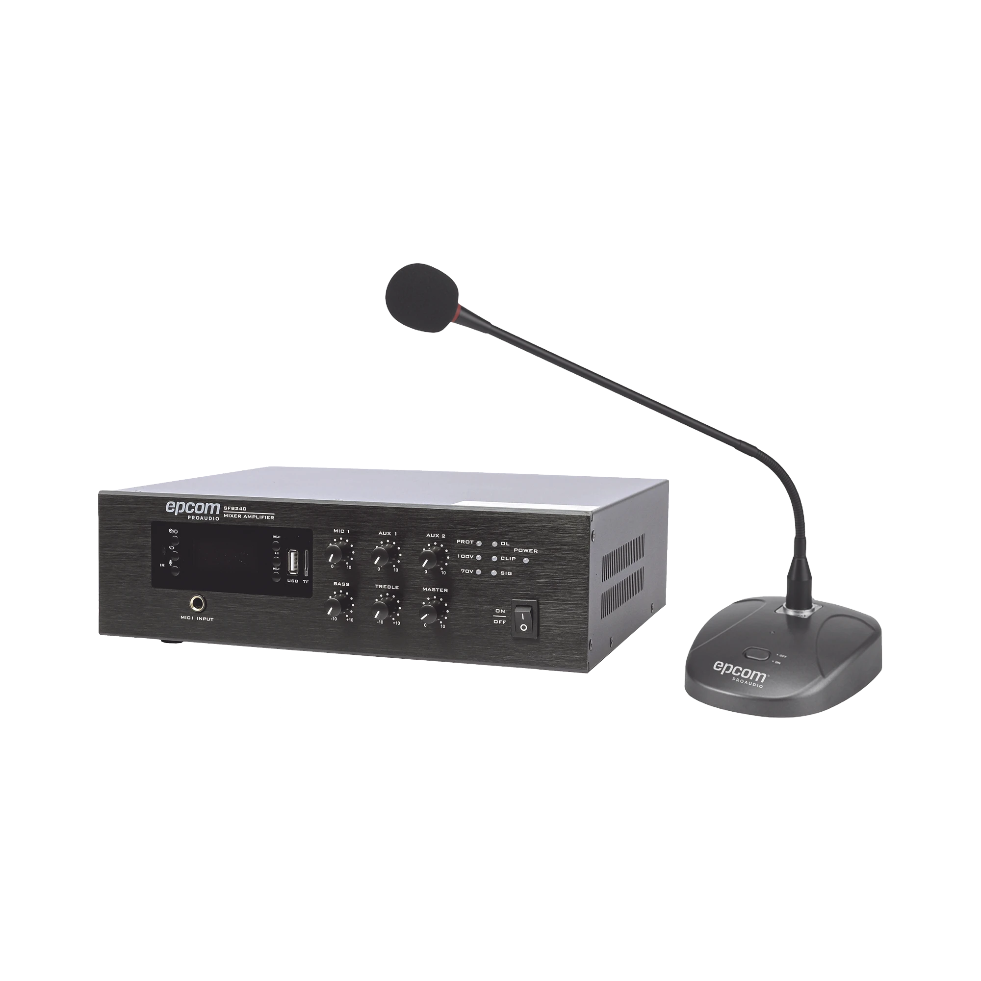 KIT DE AMPLIFICADOR DE AUDIO DE 240W MODELO SFB240 | MÁS MICRÓFONO DE ESCRITORIO MODELO SF621A-Audio, Video y Voceo-EPCOM PROAUDIO-Bsai Seguridad & Controles