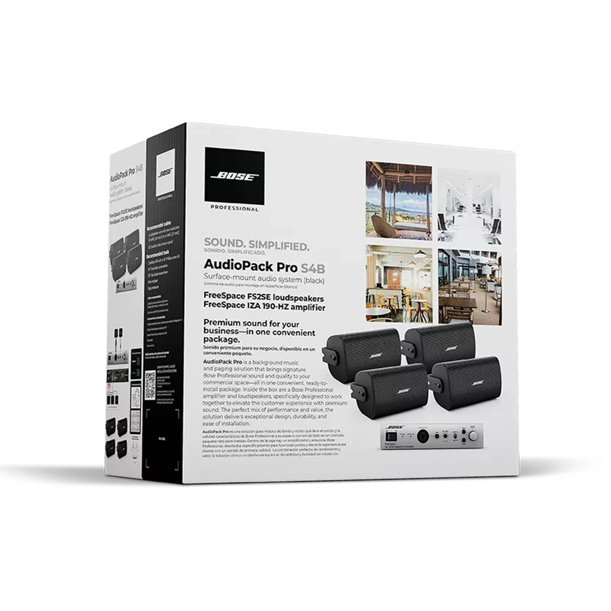 KIT DE AUDIO FREESPACE | 4 ALTAVOCES DE PARED + AMPLIFICADOR | COLOR NEGRO | IDEAL PARA AUDIO AMBIENTAL-Audio residencial/Comercial-BOSE PROFESSIONAL-AUDIO-PACK-PRO-S4-Bsai Seguridad & Controles