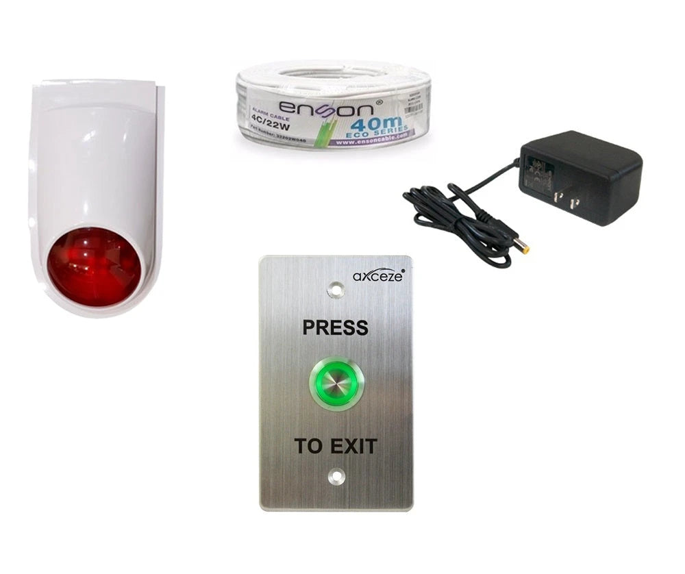 KIT DE BOTON DE PANICO CON TEMPORIZADOR CON 1X BOTON LIBERADOR PUSH AX-B90 + 1X SIRENA-ESTROBO PAM-SL500 + 1X FUENTE DE PODER PS-1215 + 1X CABLE ALARMA ROLLO 32202W040 + 1X CONECTOR CORRIENTE ENS-FC01 + 1X CAJA PLASTICA TMK7902-02001-Tarjetas y Botones-AXCEZE-Bsai Seguridad & Controles