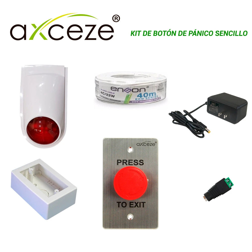 KIT DE BOTON DE PANICO SENCILLO CON 1X BOTON DE PARO O EMERGENCIA AX-L60 + 1X SIRENA-ESTROBO PAM-SL500 + 1X FUENTE DE PODER PS-1215 + 1X CABLE ALARMA ROLLO 32202W040 + 1X CONECTOR CORRIENTE ENS-FC01 + 1X TMK7902-02001-Tarjetas y Botones-AXCEZE-Bsai Seguridad & Controles