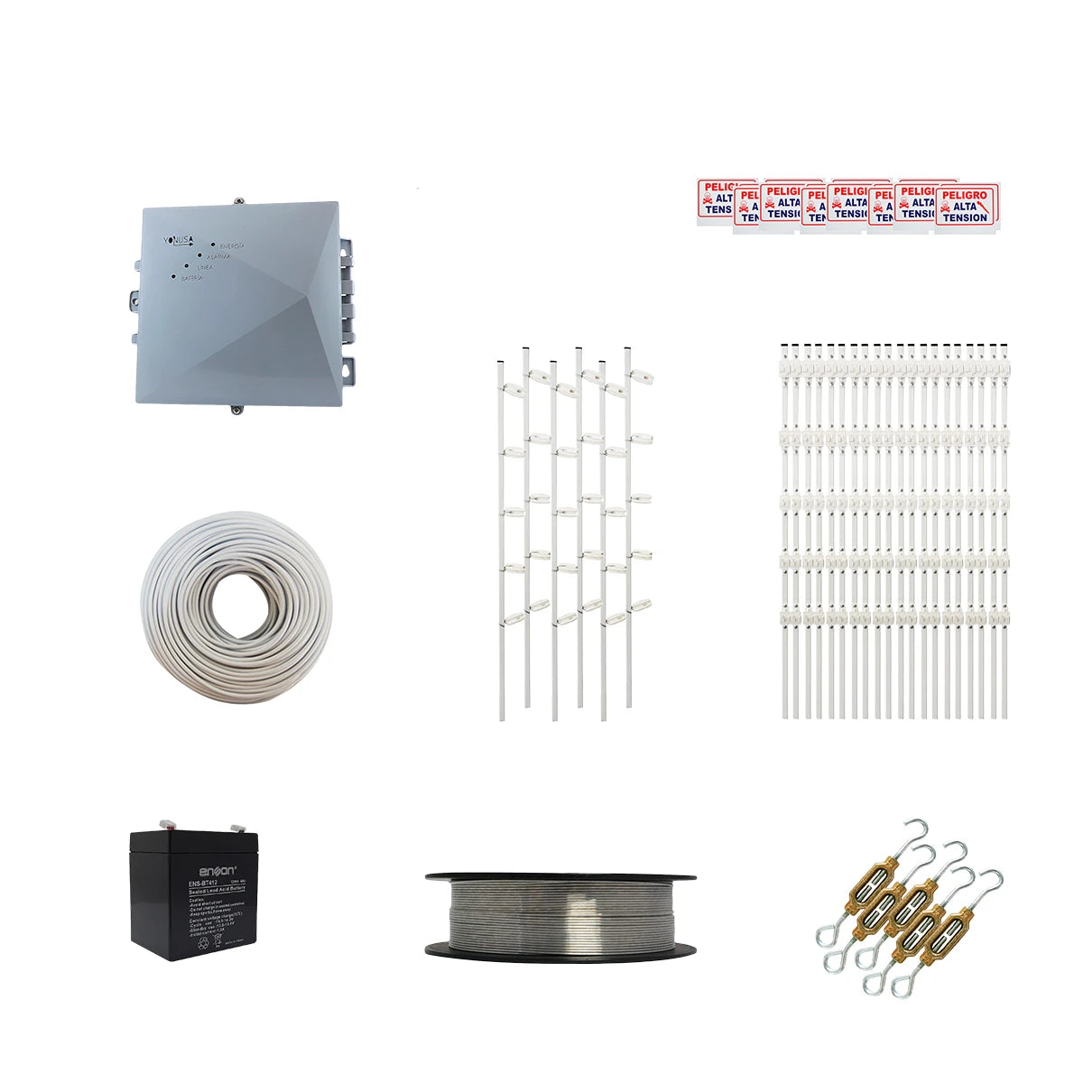 KIT DE CERCA ELECTRIFICADA CON ACCESORIOS PARA 100METROS INCLUYE: ENERGIZADOR, BATERIA BR-1204, CABLE, ALAMBRE, POSTES, LETREROS Y TENSORES-Cercas electrificadas-YONUSA-Bsai Seguridad & Controles