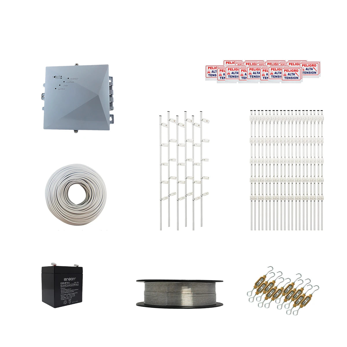 KIT DE CERCA ELECTRIFICADA CON ACCESORIOS PARA 250METROS INCLUYE: ENERGIZADOR, BATERIA ENS-BT412, CABLE, ALAMBRE, POSTES, LETREROS Y TENSORES-Cercas electrificadas-YONUSA-Bsai Seguridad & Controles