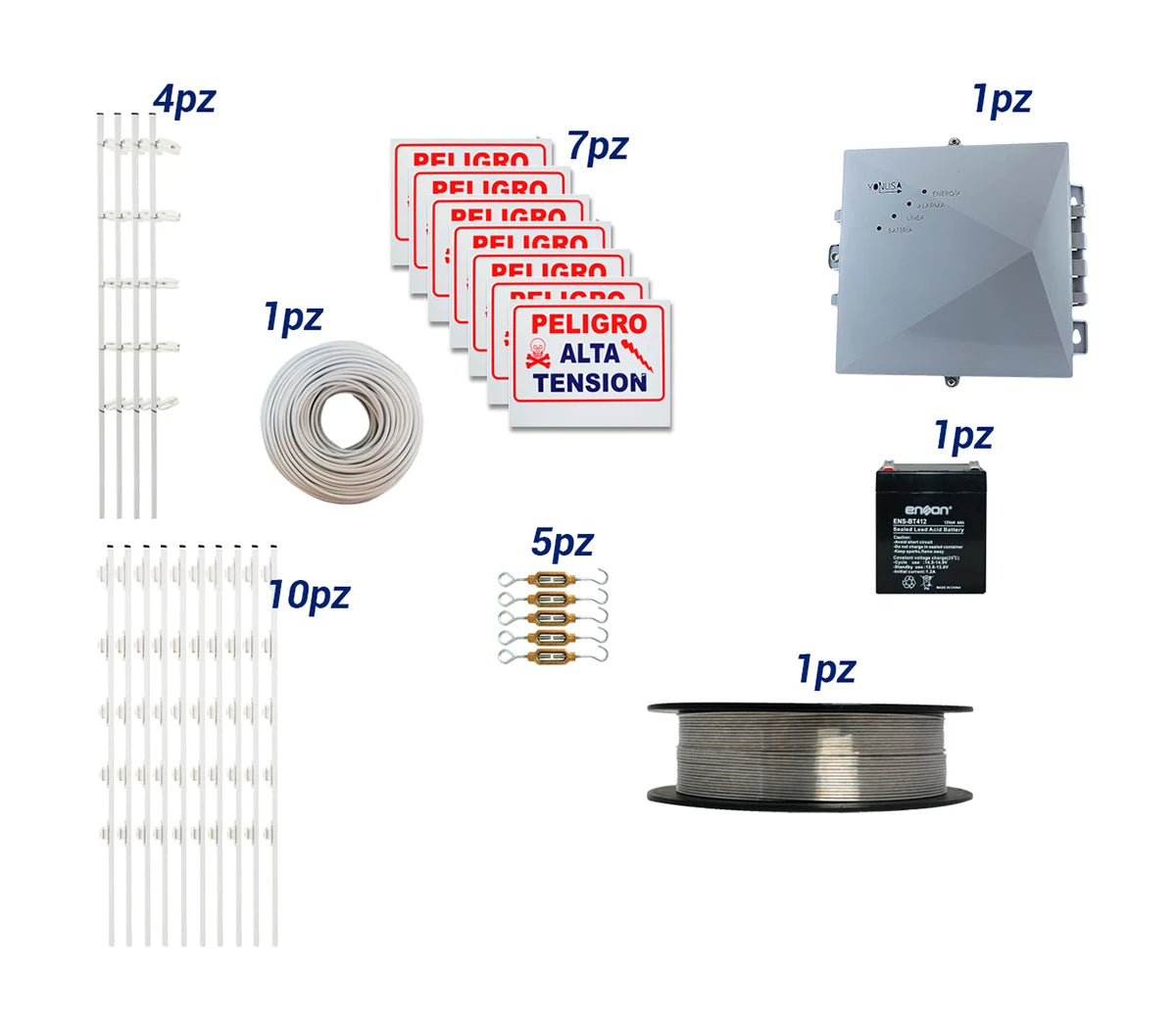 KIT DE CERCA ELECTRIFICADA CON ACCESORIOS PARA 50METROS INCLUYE: ENERGIZADOR, BATERIA ENS-BT412 CABLE, ALAMBRE, POSTES, LETREROS Y TENSORES-Cercas electrificadas-YONUSA-Bsai Seguridad & Controles