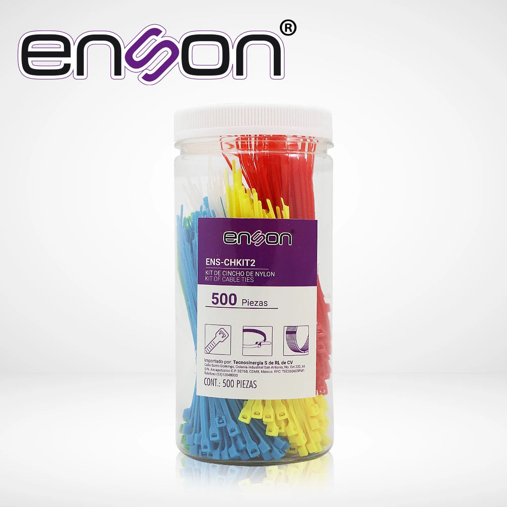 KIT DE CINCHOS DE NYLON ENS-CHKIT2 DE 500 PIEZAS EN 5 COLORES DE 100MM, USO SUGERIDO DE PINAZA TENSORA ENS-TGUN-Fijacion-ENSON-Bsai Seguridad & Controles