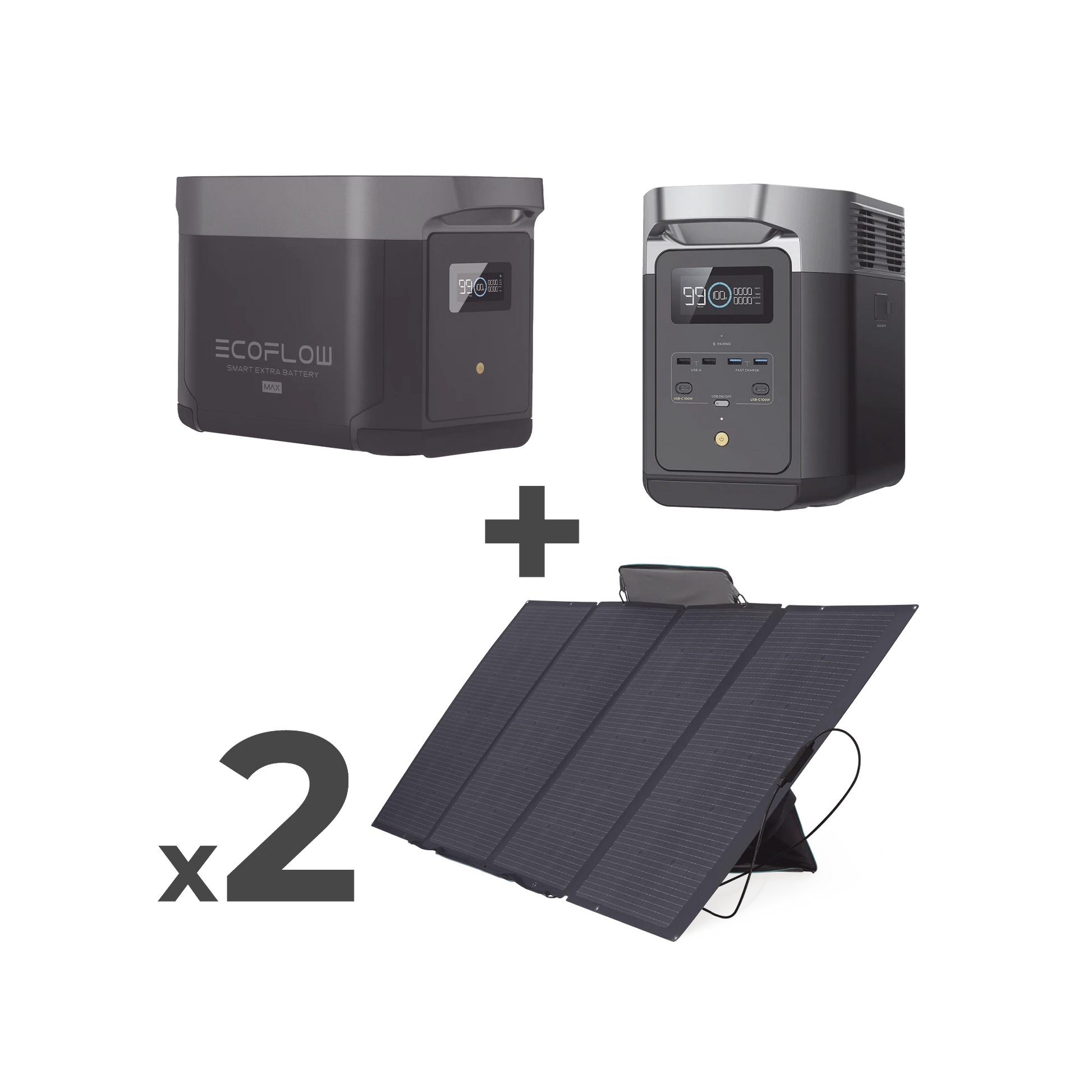KIT DE ESTACIÓN DE ENERGÍA PORTÁTIL 2048WH + BATERÍA EXTERNA 2048WH + 2 PANELES SOLARES FLEXIBLES 400W (4096WH, 800W TOTALES)-Respaldo de Energía-ECOFLOW-DLT2MAX-KIT-BPLUS-Bsai Seguridad & Controles