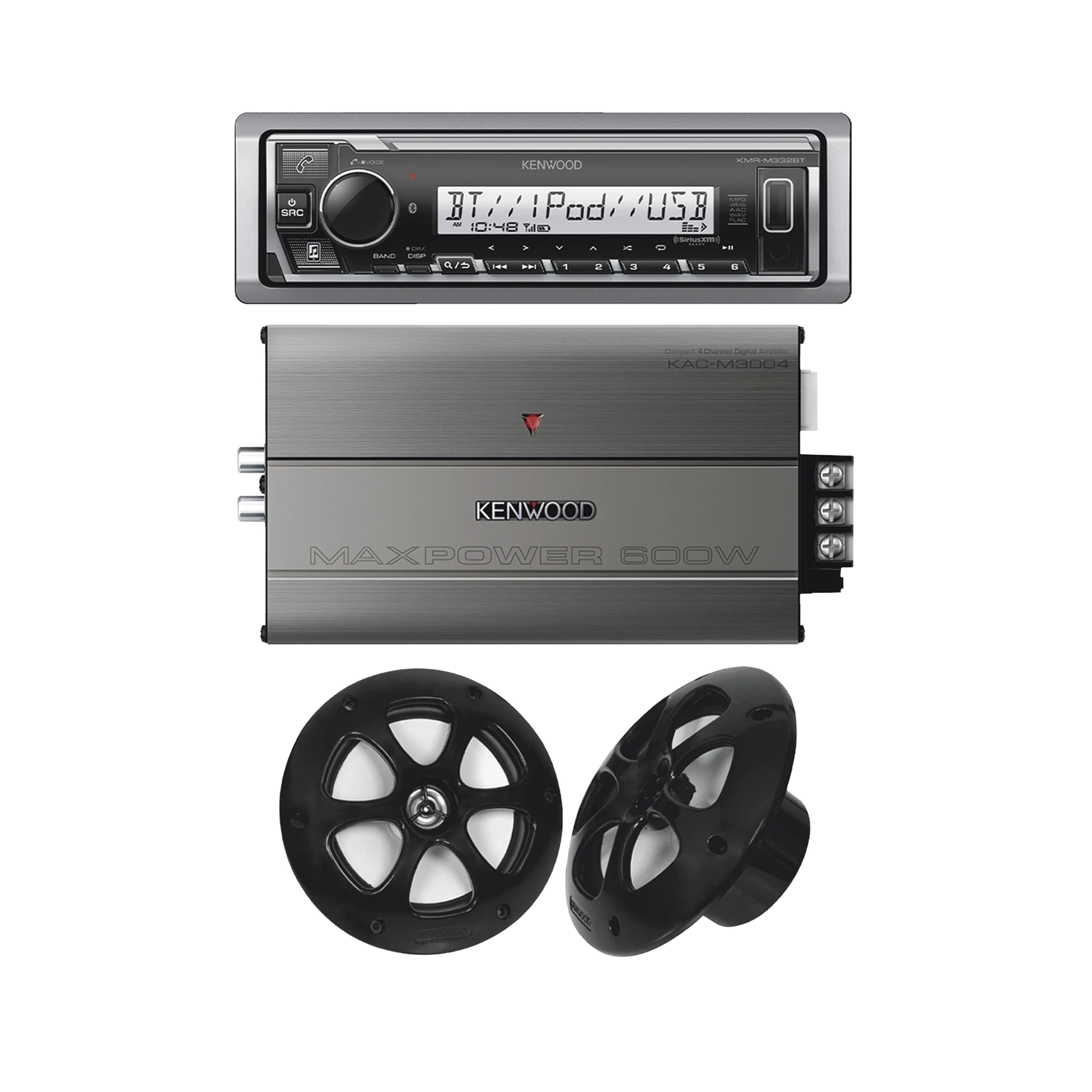 KIT DE ESTEREO CON BLUETOOTH KMR-M332BT | AMPLIFICADOR KAC-M3004 | MAS PAR DE BOCINAS KFC-1613MRB-Soluciones Marinas-JVC KENWOOD-Bsai Seguridad & Controles
