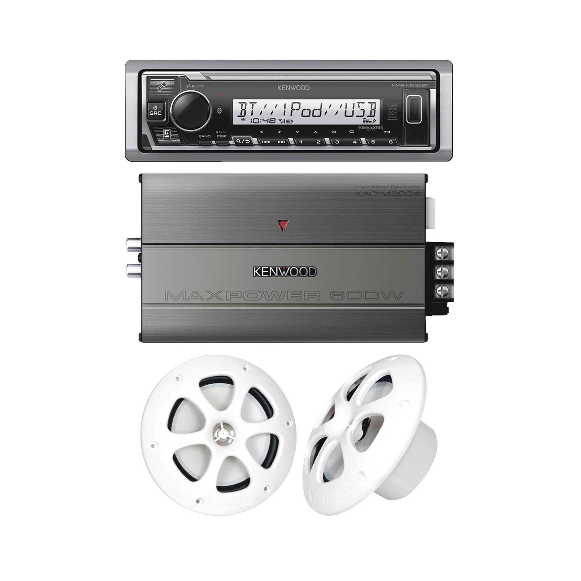 KIT DE ESTEREO CON BLUETOOTH KMR-M332BT | AMPLIFICADOR KAC-M3004 | MAS PAR DE BOCINAS KFC-1613MRW-Soluciones Marinas-JVC KENWOOD-Bsai Seguridad & Controles