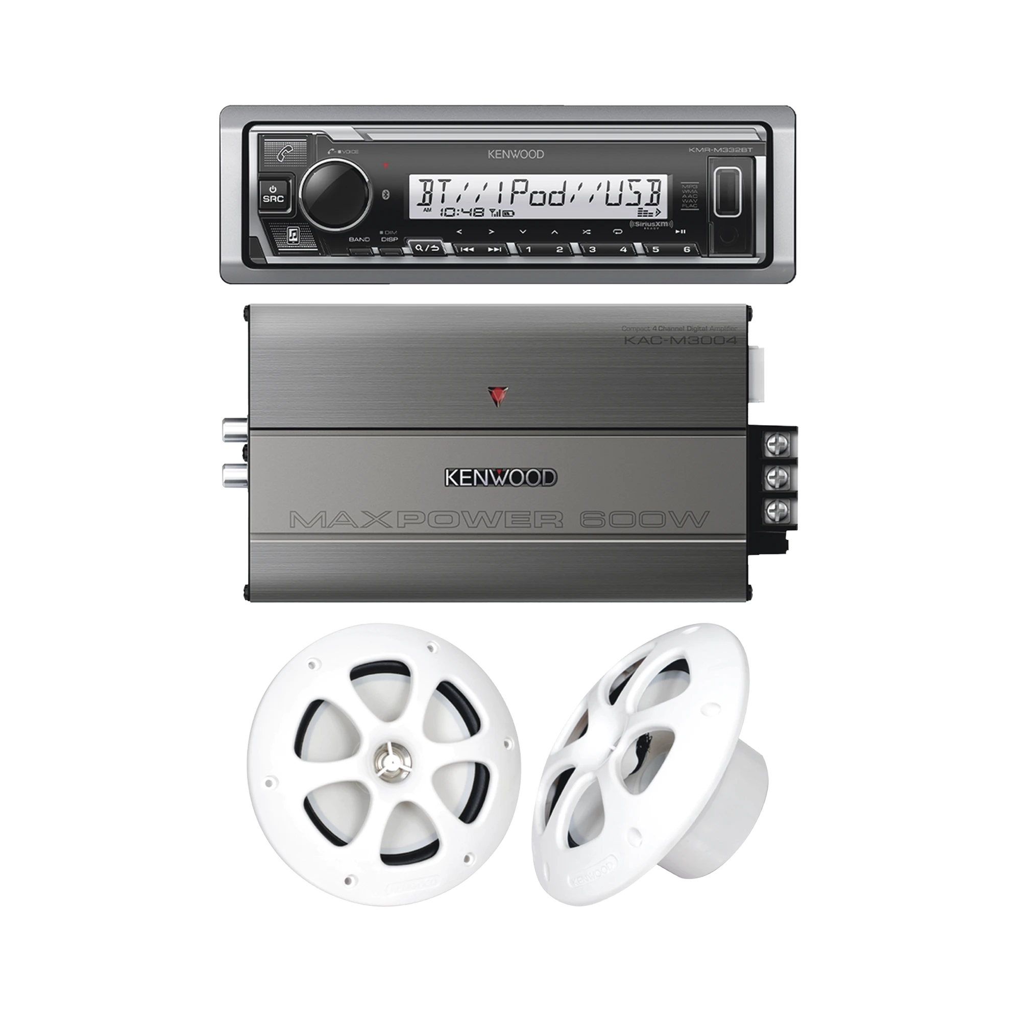 KIT DE ESTEREO CON BLUETOOTH KMR-M332BT | AMPLIFICADOR KAC-M3004 | MAS PAR DE BOCINAS KFC-1613MRW-Soluciones Marinas-JVC KENWOOD-Bsai Seguridad & Controles