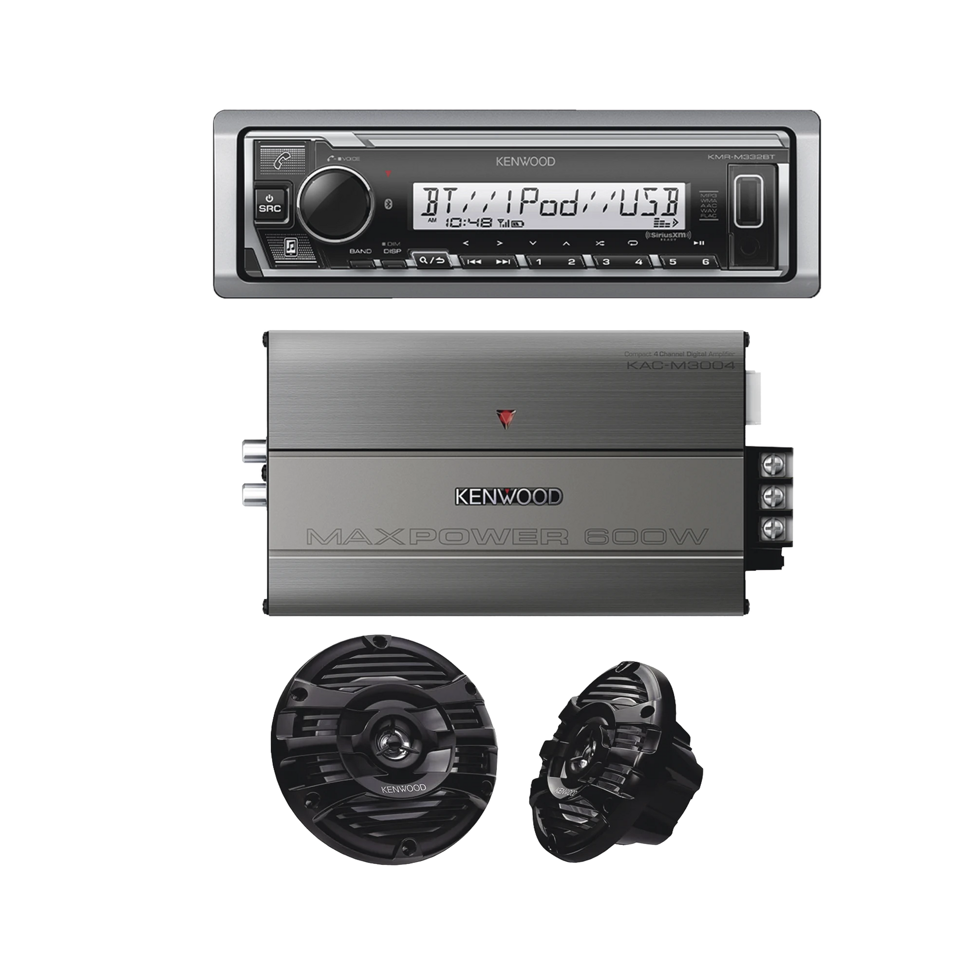 KIT DE ESTÉREO CON BLUETOOTH KMR-M332BT | AMPLIFICADOR KAC-M3004 | MÁS PAR DE BOCINAS KFC-1653MRB-Soluciones Marinas-JVC KENWOOD-Bsai Seguridad & Controles