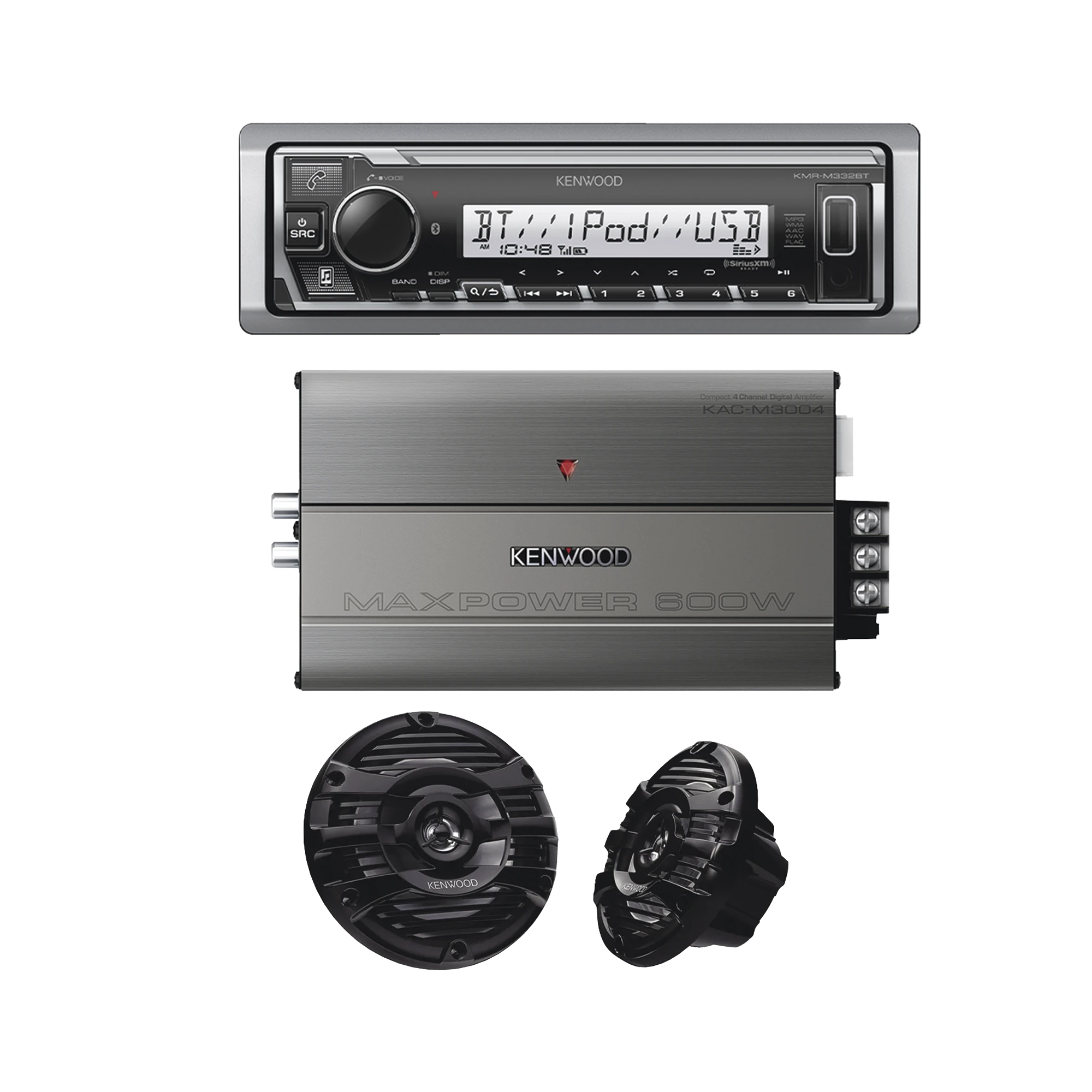 KIT DE ESTÉREO CON BLUETOOTH KMR-M332BT | AMPLIFICADOR KAC-M3004 | MÁS PAR DE BOCINAS KFC-1653MRB-Soluciones Marinas-JVC KENWOOD-Bsai Seguridad & Controles
