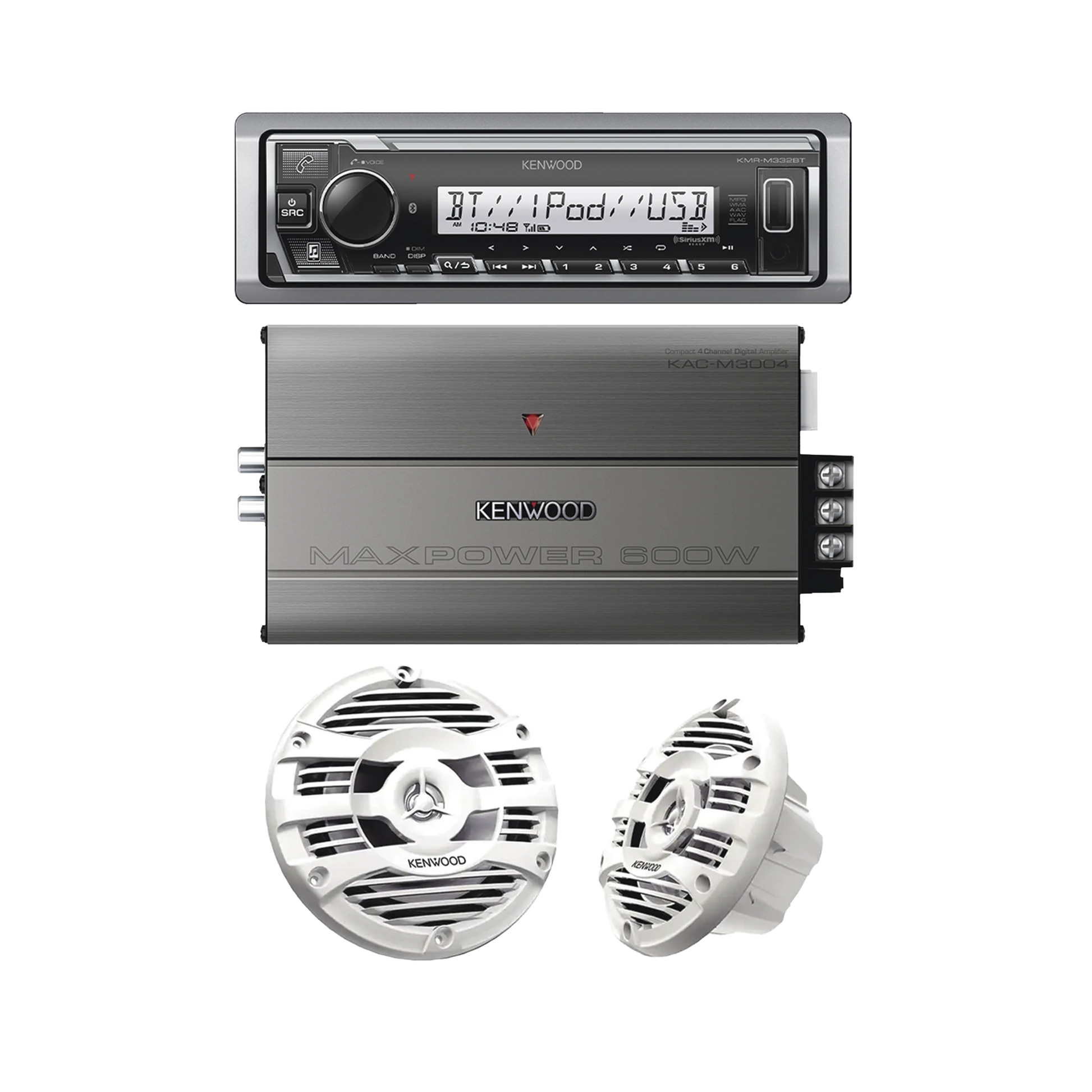 KIT DE ESTÉREO CON BLUETOOTH KMR-M332BT | AMPLIFICADOR KAC-M3004 | MÁS PAR DE BOCINAS KFC-1653MRW-Soluciones Marinas-JVC KENWOOD-Bsai Seguridad & Controles