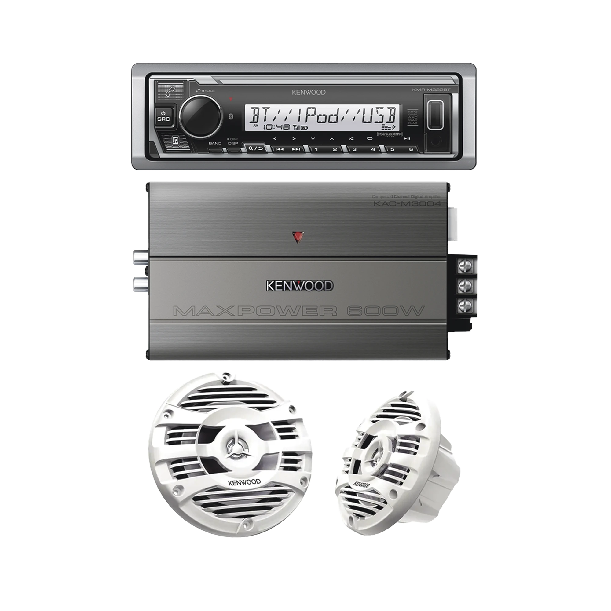 KIT DE ESTÉREO CON BLUETOOTH KMR-M332BT | AMPLIFICADOR KAC-M3004 | MÁS PAR DE BOCINAS KFC-1653MRW-Soluciones Marinas-JVC KENWOOD-Bsai Seguridad & Controles