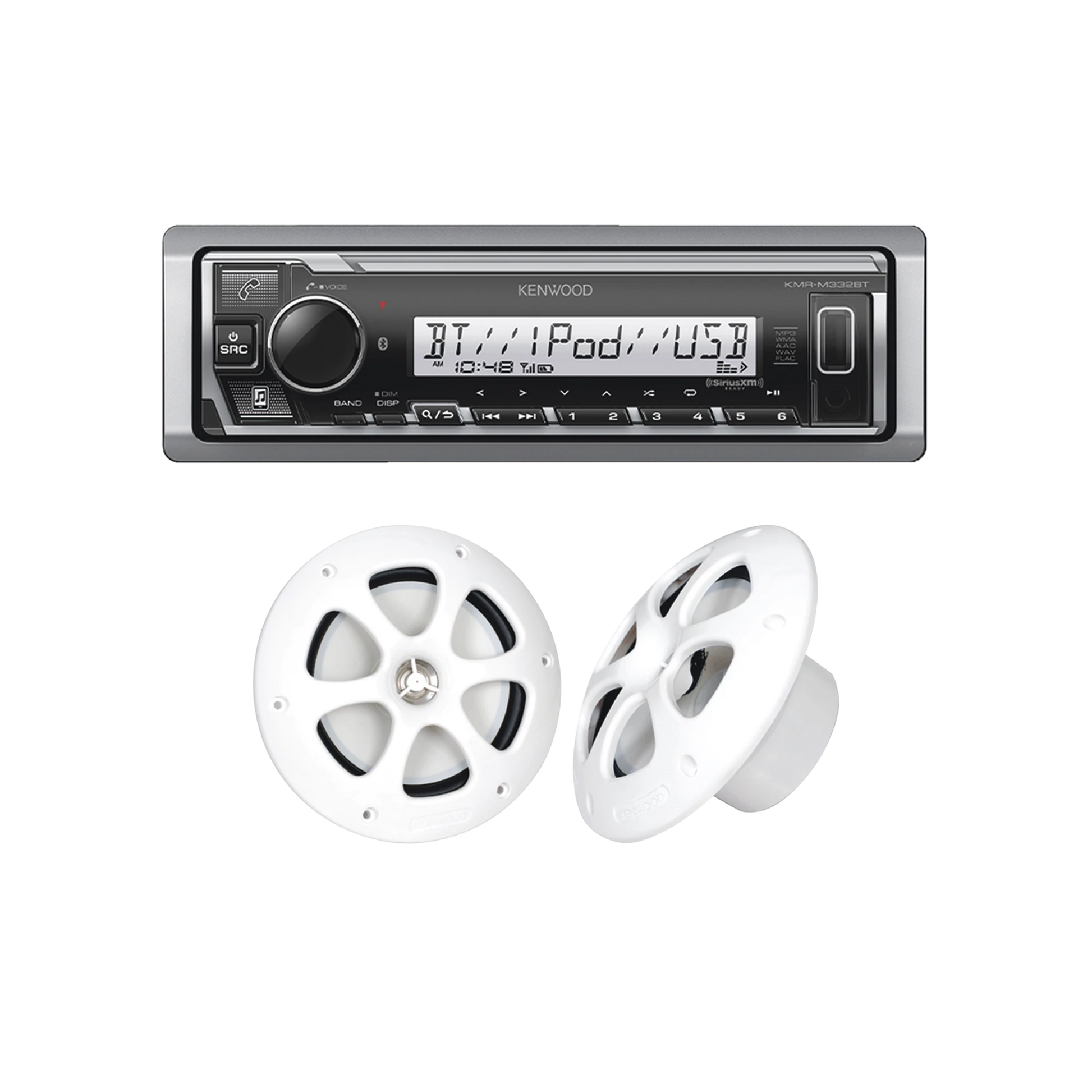 KIT DE ESTÉREO CON BLUETOOTH KMR-M332BT | MÁS PAR DE BOCINAS KFC-1613MRW-Soluciones Marinas-JVC KENWOOD-Bsai Seguridad & Controles