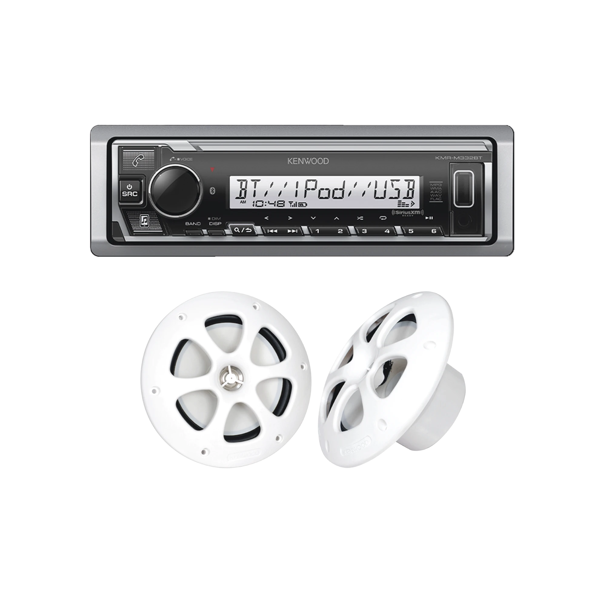 KIT DE ESTÉREO CON BLUETOOTH KMR-M332BT | MÁS PAR DE BOCINAS KFC-1613MRW-Soluciones Marinas-JVC KENWOOD-Bsai Seguridad & Controles