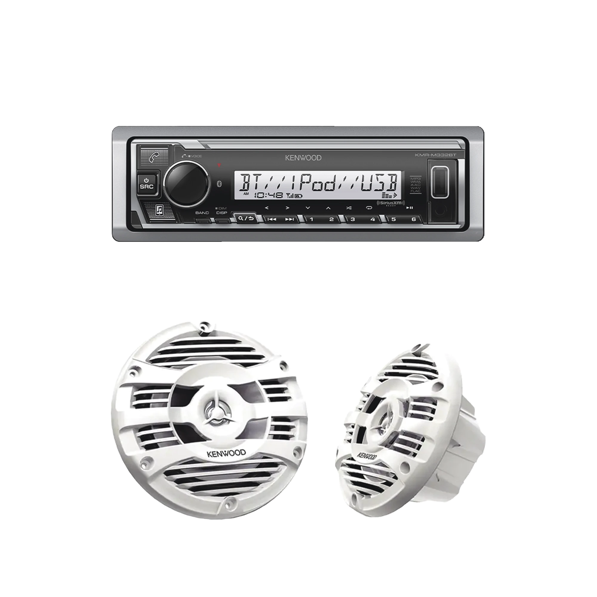 KIT DE ESTÉREO CON BLUETOOTH KMR-M332BT | MÁS PAR DE BOCINAS KFC-1653MRW-Soluciones Marinas-JVC KENWOOD-Bsai Seguridad & Controles