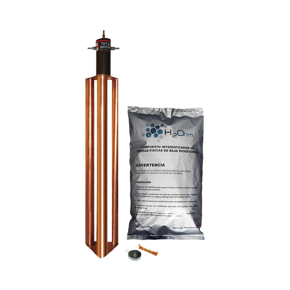 KIT DE PUESTA A TIERRA DE 100 AMPERES CON ELECTRODO, FILTRO Y COMPUESTO H2OHM-Tierra Física y Pararrayos-TOTAL GROUND-Bsai Seguridad & Controles