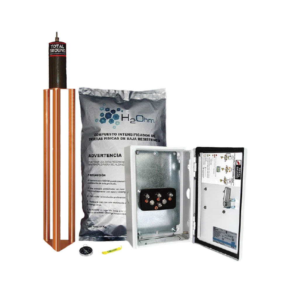 KIT DE PUESTA A TIERRA DE 45 A CON ELECTRODO, FILTRO, ACOPLADOR Y COMPUESTO H2OHM.-Tierra Física y Pararrayos-TOTAL GROUND-Bsai Seguridad & Controles