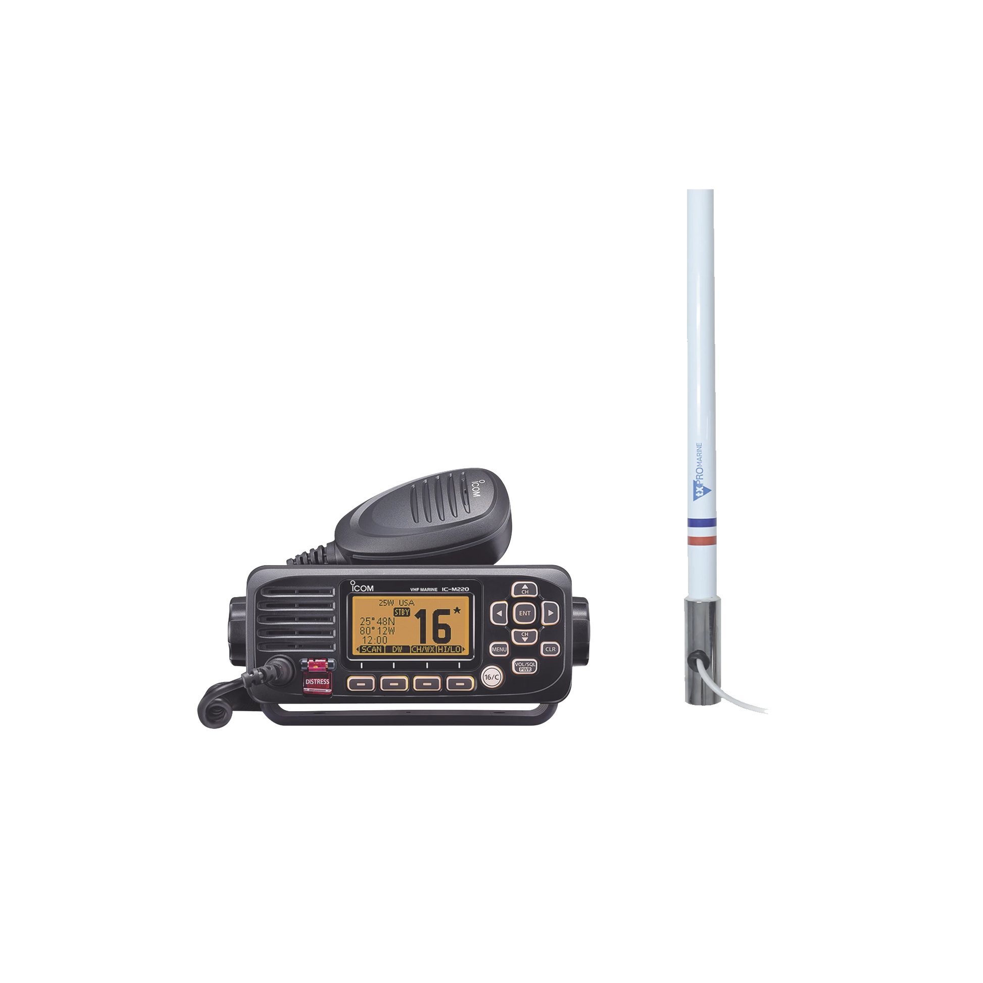 KIT DE RADIO IC-M220 | MAS ANTENA MARINA TX-5101-SYS FABRICADA EN FIBRA DE VIDRIO CON BASE ROSCABLE DE ACERO INOXIDABLE-Radios Marinos-ICOM-Bsai Seguridad & Controles