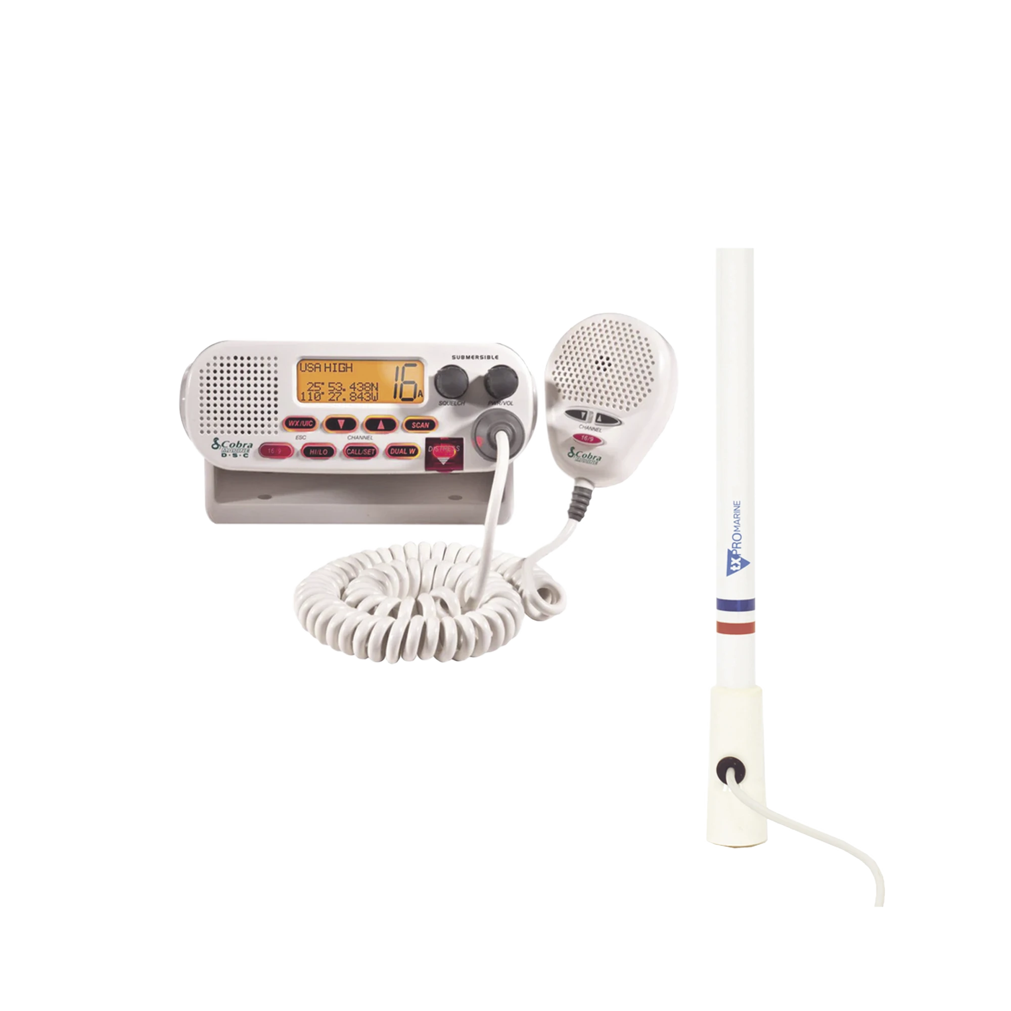 KIT DE RADIO MRF45D | MAS ANTENA MARINA DE FIBRA DE VIDRIO TX-5206-SYS Y SOPORTE PARA ANTENA 4186-Radios Marinos-COBRA-Bsai Seguridad & Controles