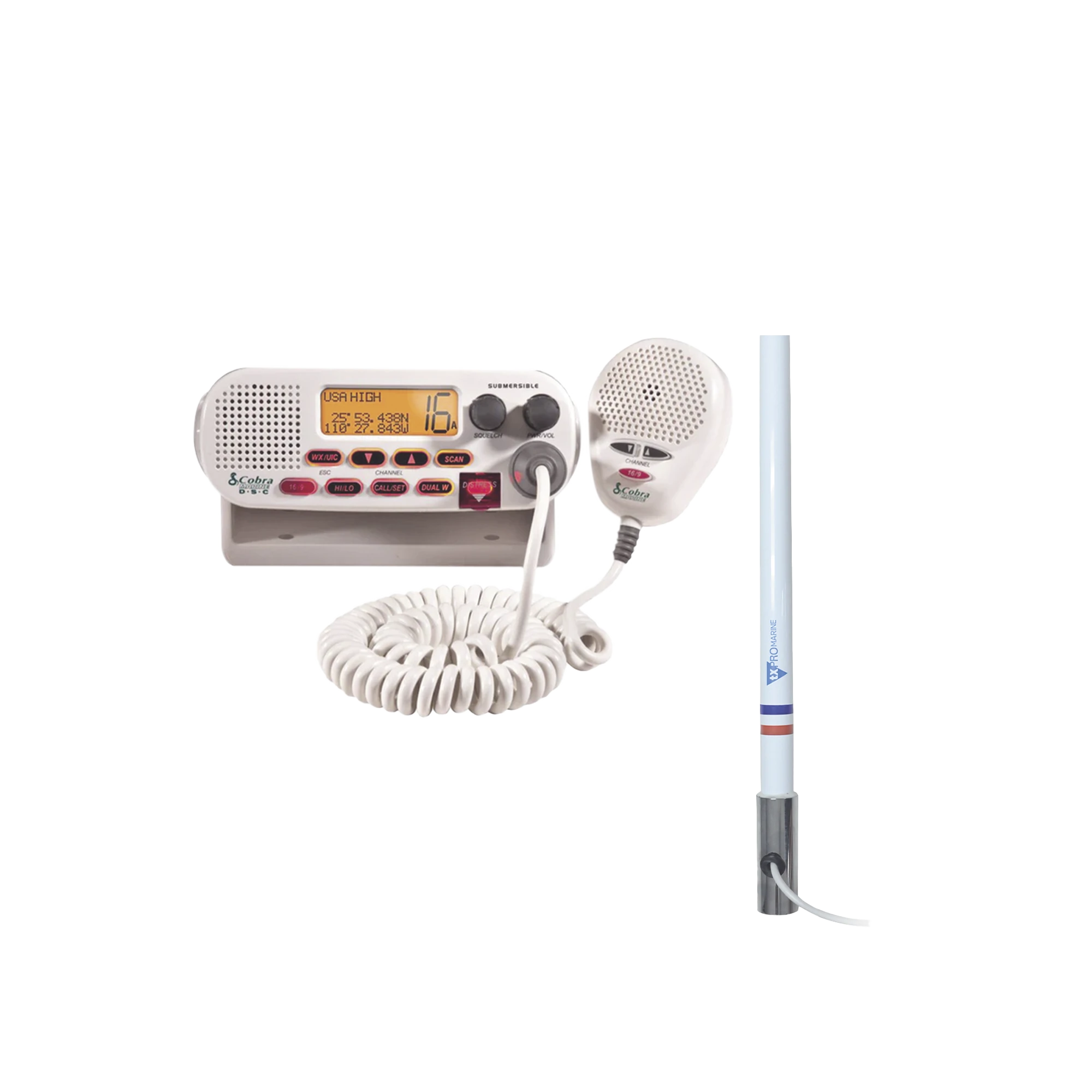 KIT DE RADIO MRF45D | MAS ANTENA MARINA TX-5101-SYS FABRICADA EN FIBRA DE VIDRIO CON BASE ROSCABLE DE ACERO INOXIDABLE-Radios Marinos-COBRA-Bsai Seguridad & Controles