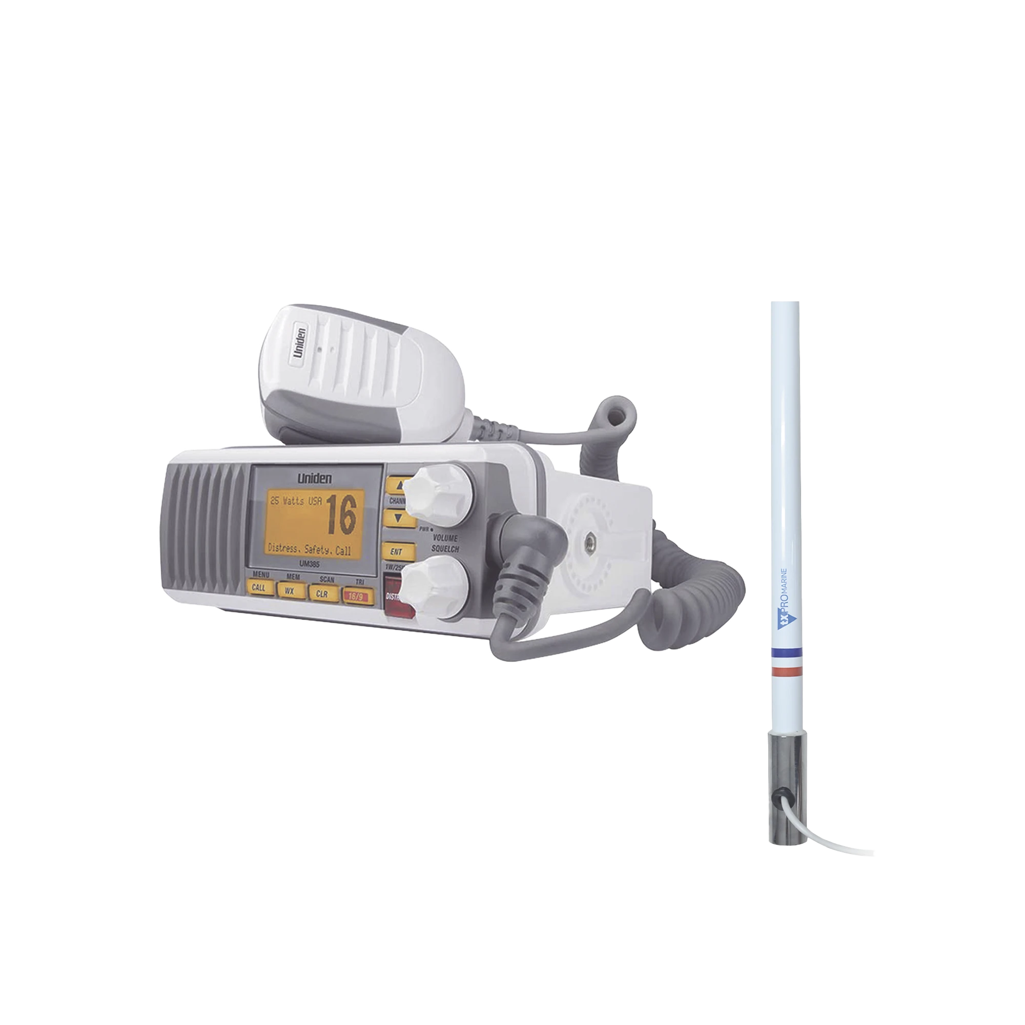 KIT DE RADIO UM385 | MAS ANTENA MARINA DE FIBRA DE VIDRIO TX-5101-SYS FABRICADA EN FIBRA DE VIDRIO CON BASE ROSCABLE DE ACERO INOXIDABLE-Radios Marinos-UNIDEN-Bsai Seguridad & Controles