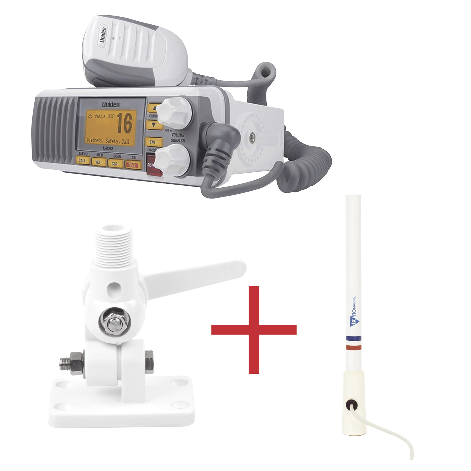KIT DE RADIO UM385 | MAS ANTENA MARINA DE FIBRA DE VIDRIO TX-5206-SYS Y SOPORTE PARA ANTENA 4186-Radios Marinos-UNIDEN-Bsai Seguridad & Controles