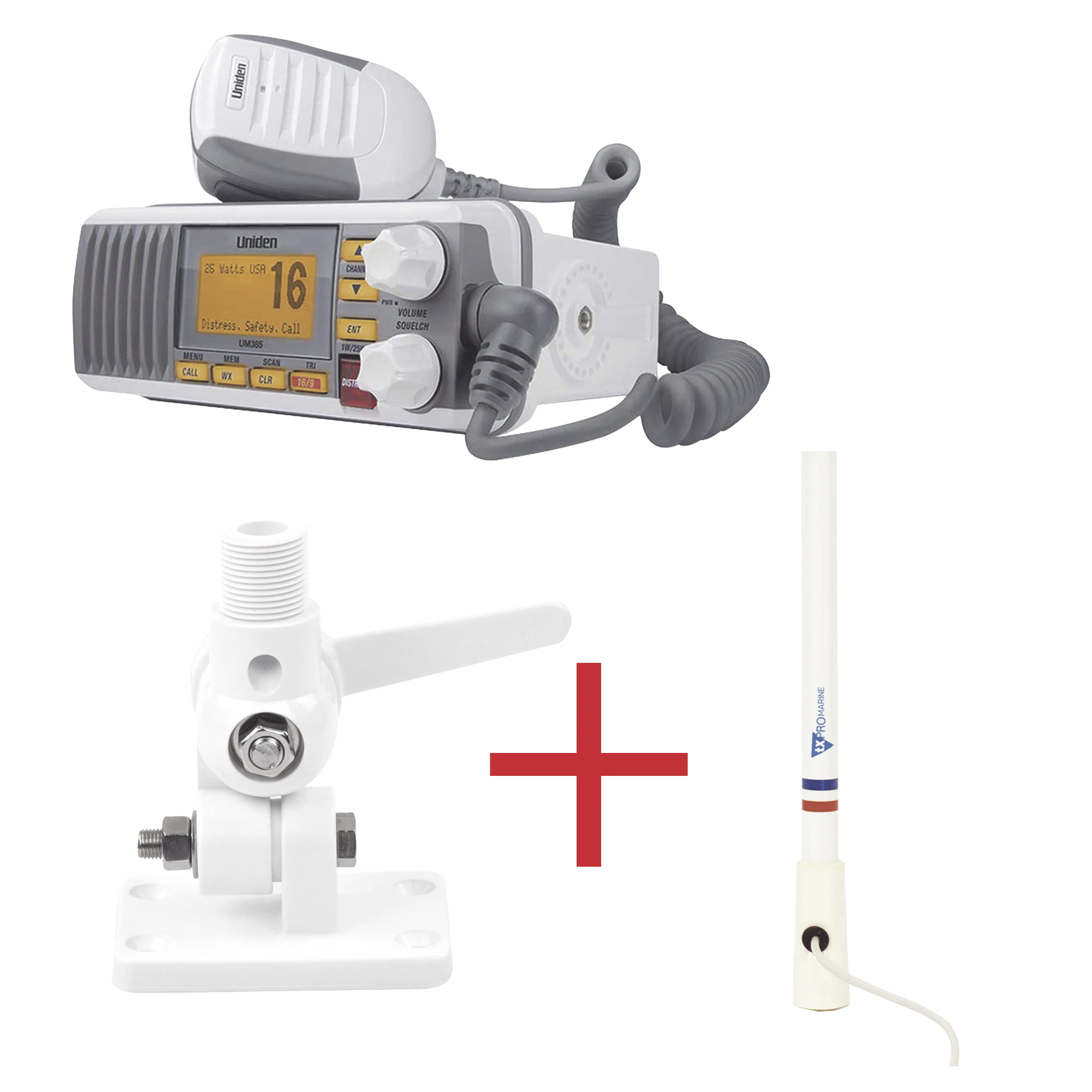 KIT DE RADIO UM385 | MAS ANTENA MARINA DE FIBRA DE VIDRIO TX-5206-SYS Y SOPORTE PARA ANTENA 4186-Radios Marinos-UNIDEN-Bsai Seguridad & Controles
