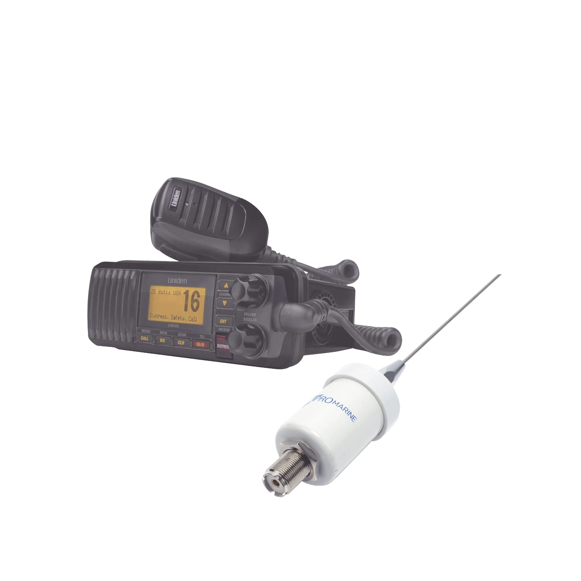 KIT DE RADIO UM385BK | MAS ANTENA MARINA DE FIBRA DE VIDRIO TX-1600-SYS-Radios Marinos-UNIDEN-Bsai Seguridad & Controles