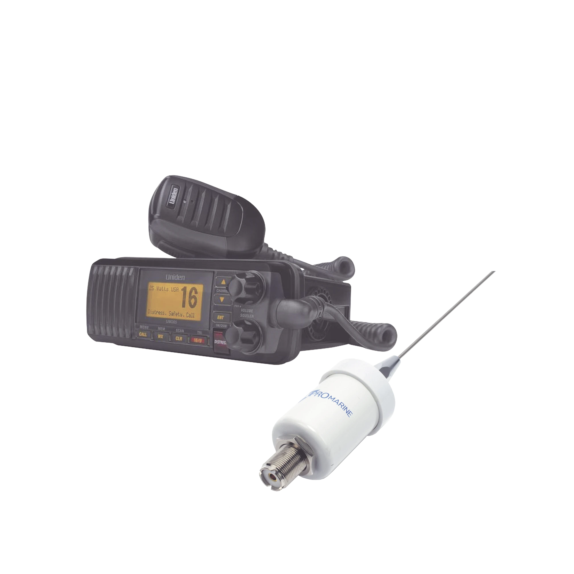 KIT DE RADIO UM385BK | MAS ANTENA MARINA DE FIBRA DE VIDRIO TX-1600-SYS-Radios Marinos-UNIDEN-Bsai Seguridad & Controles