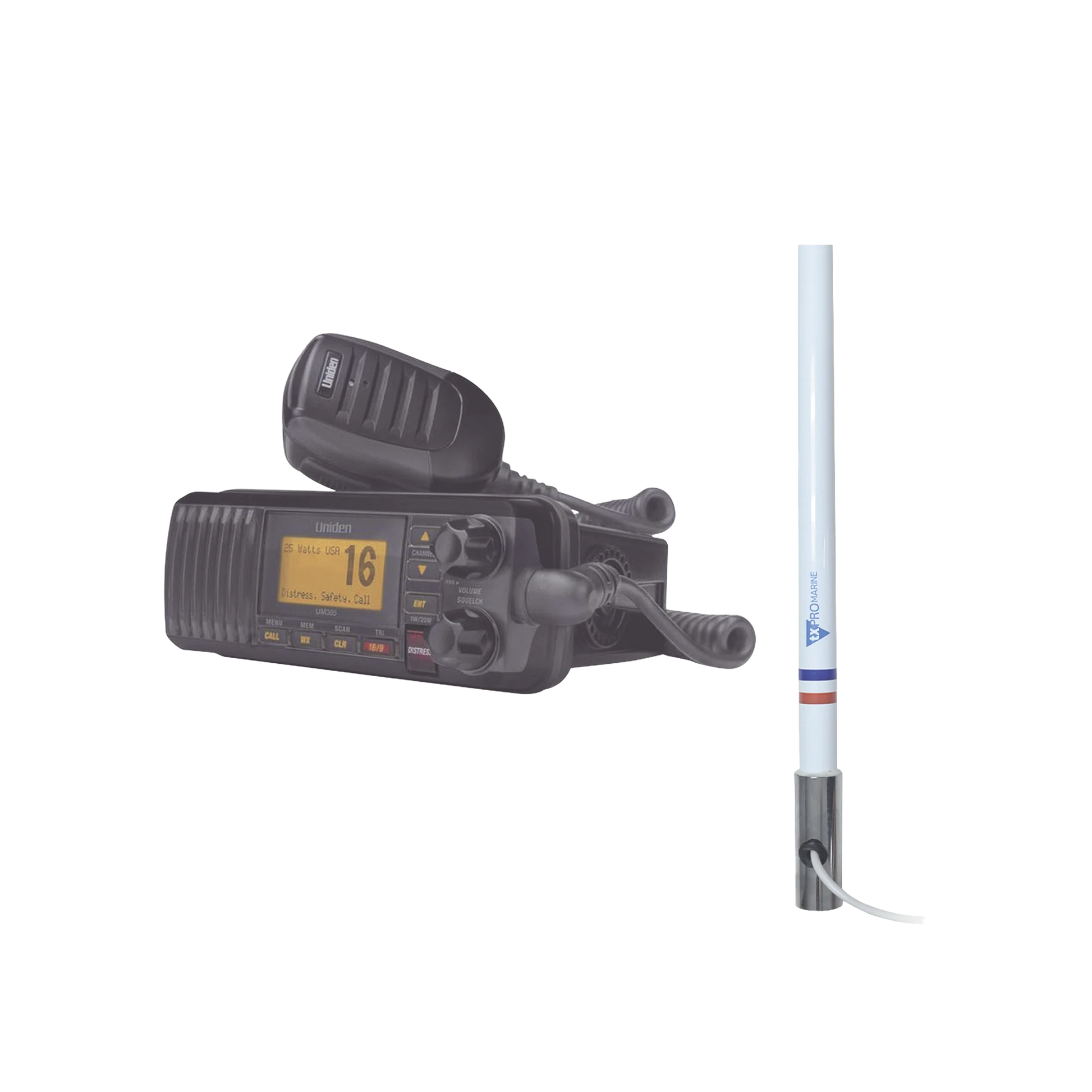 KIT DE RADIO UM385BK | MAS ANTENA MARINA DE FIBRA DE VIDRIO TX-5101-SYS FABRICADA EN FIBRA DE VIDRIO CON BASE ROSCABLE DE ACERO INOXIDABLE-Radios Marinos-UNIDEN-Bsai Seguridad & Controles