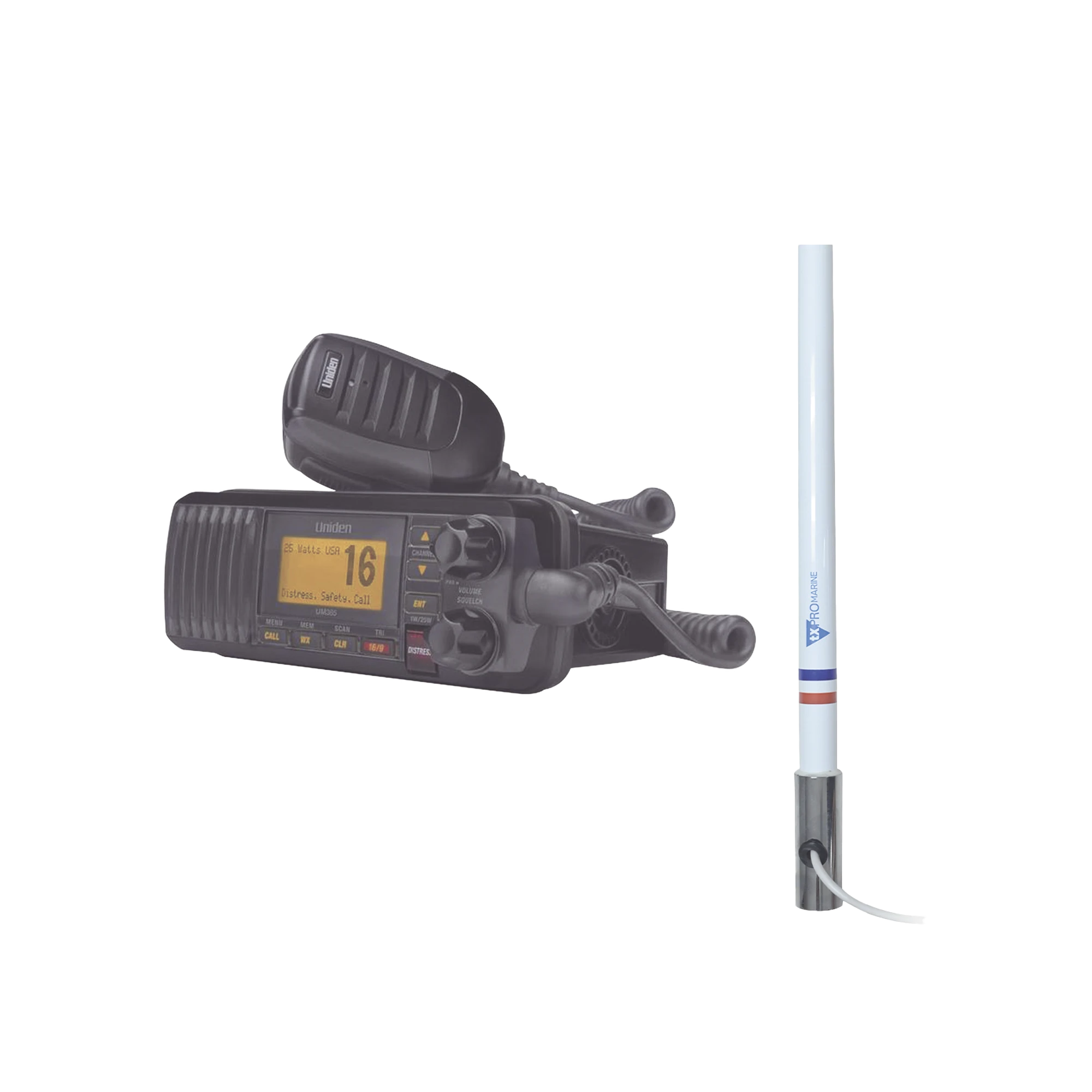 KIT DE RADIO UM385BK | MAS ANTENA MARINA DE FIBRA DE VIDRIO TX-5101-SYS FABRICADA EN FIBRA DE VIDRIO CON BASE ROSCABLE DE ACERO INOXIDABLE-Radios Marinos-UNIDEN-Bsai Seguridad & Controles