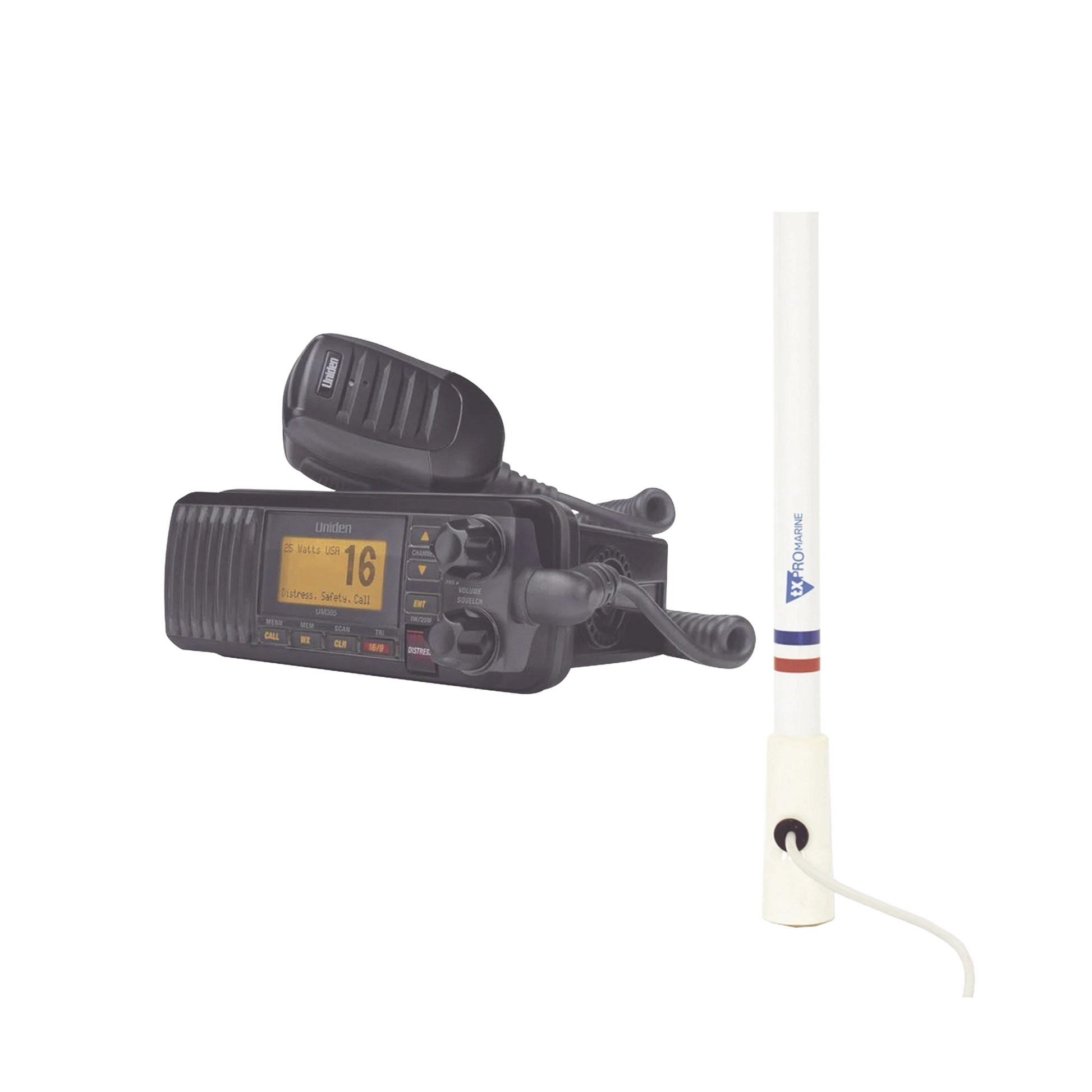 KIT DE RADIO UM385BK | MAS ANTENA MARINA DE FIBRA DE VIDRIO TX-5206-SYS Y SOPORTE PARA ANTENA 4186-Radios Marinos-UNIDEN-Bsai Seguridad & Controles